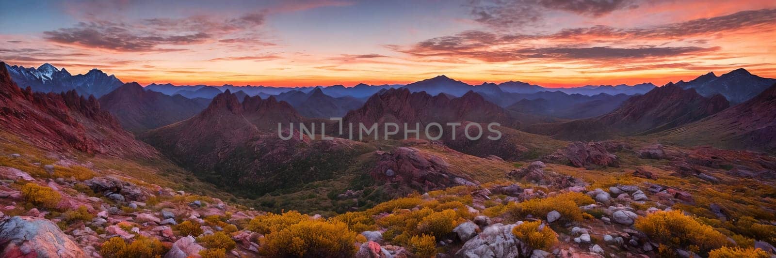 Rugged beauty of a mountain range at golden hour, with the sun setting in the background painting the sky in hues of orange and pink