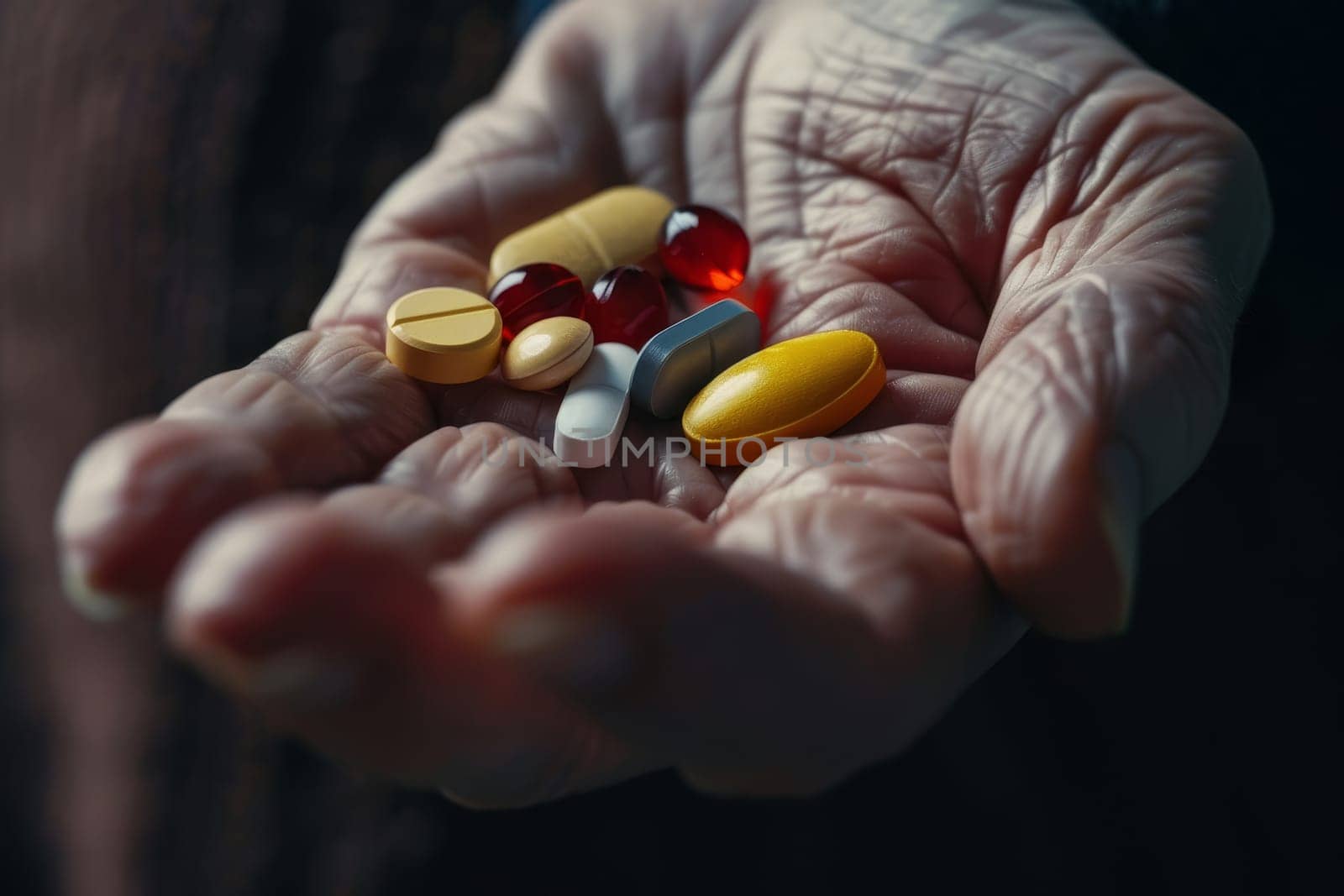 A close-up of a hand offering a variety of colorful pills and capsules. The image captures the diverse forms and sizes of modern pharmaceuticals held in a human palm