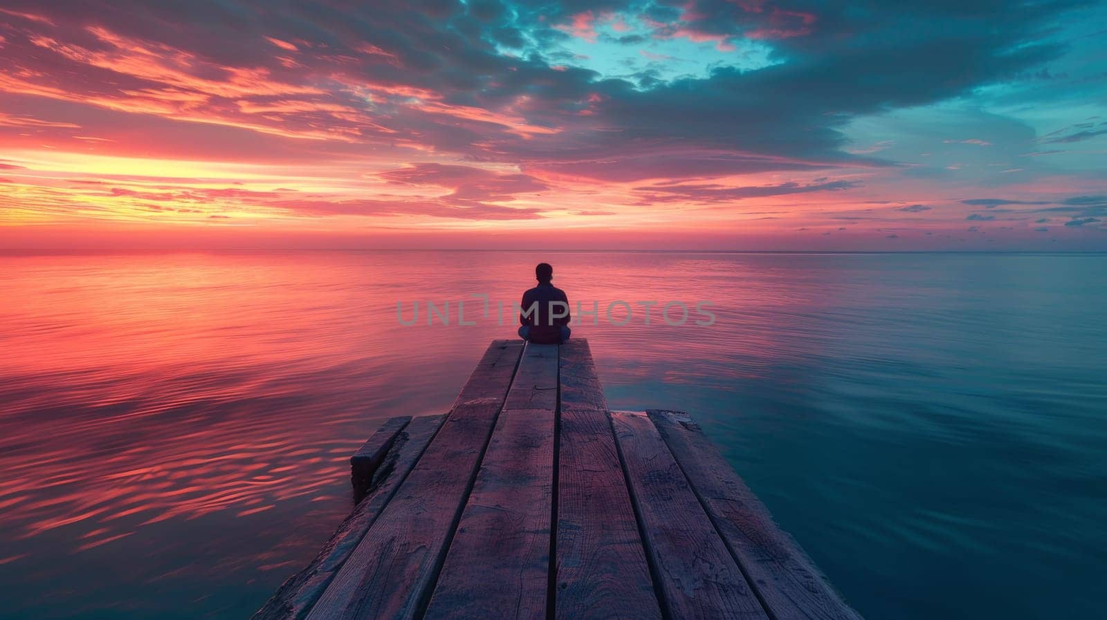 A person sitting on a dock at sunset looking out over the water