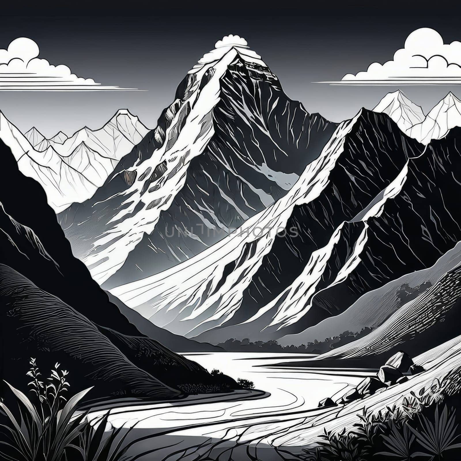 Stunning black, white drawing of majestic mountain range. Nature themed publications, website, travel brochure, meditation app, even as decorative piece in home, offices to evoke sense of tranquility