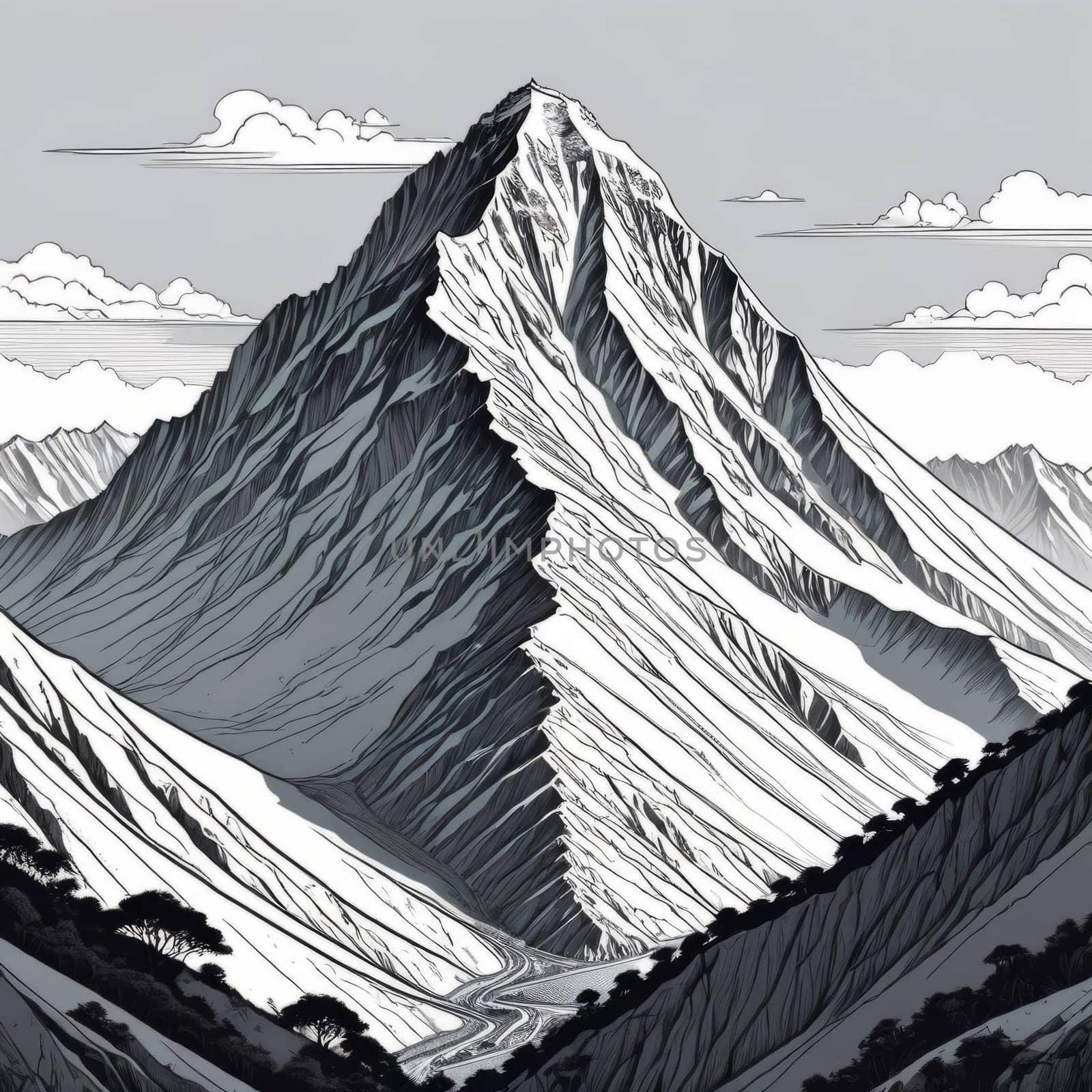 Stunning black, white drawing of majestic mountain range. Various contexts such as travel brochures, website banners for adventure tourism, in articles about road trips through mountainous regions
