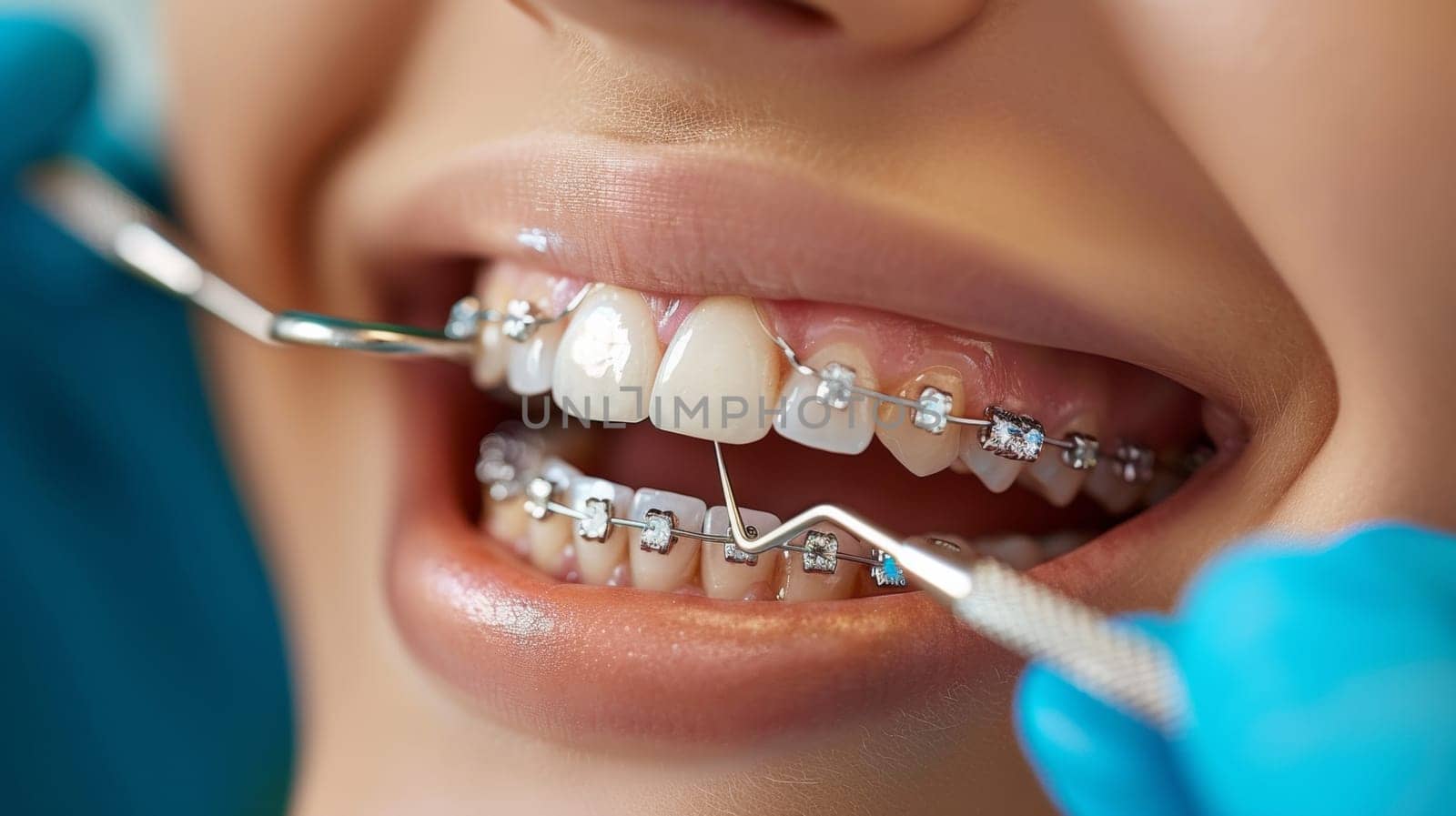 A close up of a person with braces getting their teeth cleaned