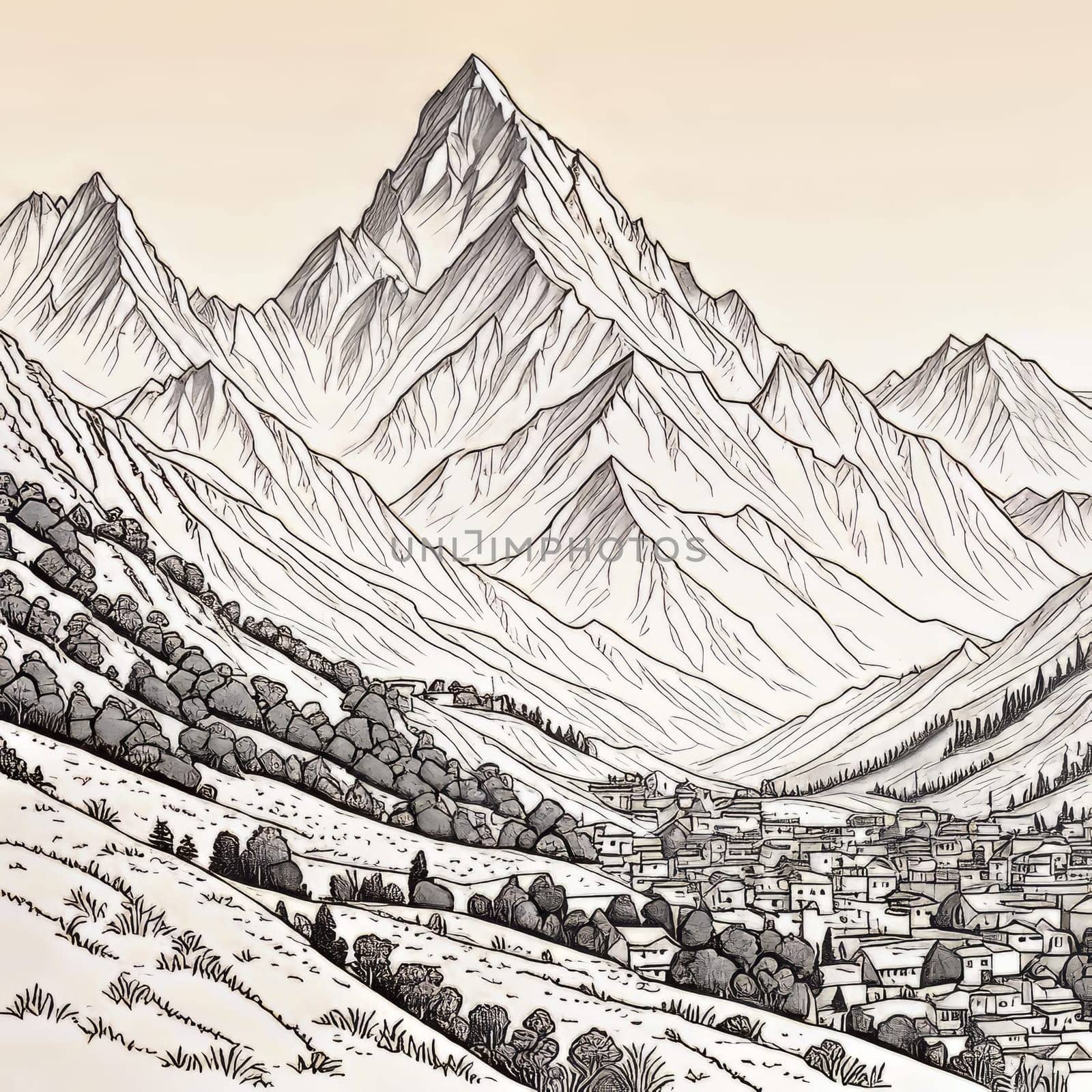 Stunning black, white drawing of majestic mountain range. Various contexts such as travel brochures, website banners for adventure tourism, in articles about road trips through mountainous regions