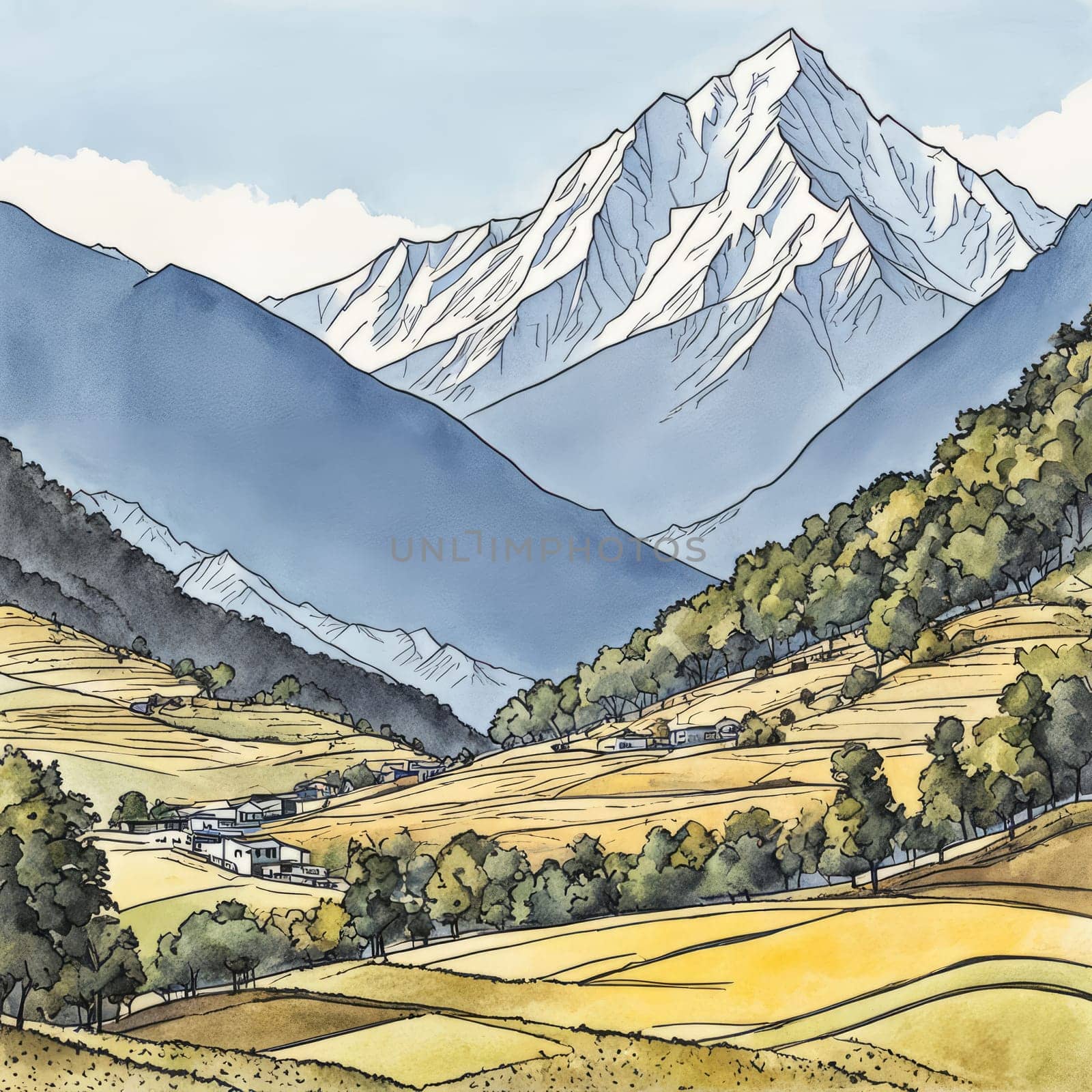Serene painting capturing majesty of mountains, trees silhouetted against vibrant sunset. For meditation, mindfulness materials. Interior decor in spaces aiming for peaceful ambiance, natural beauty