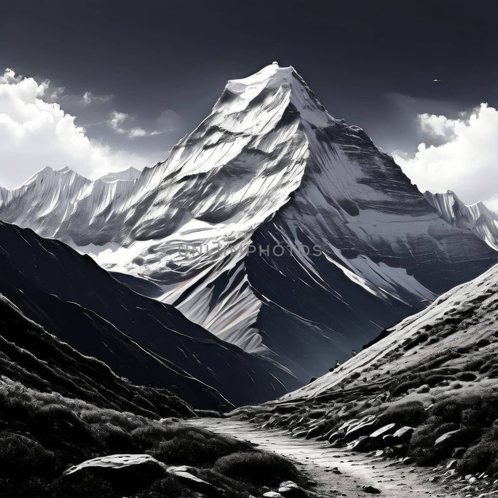 Stunning black, white drawing of majestic mountain range. Nature themed publications, website, travel brochure, meditation app, even as decorative piece in home, offices to evoke sense of tranquility