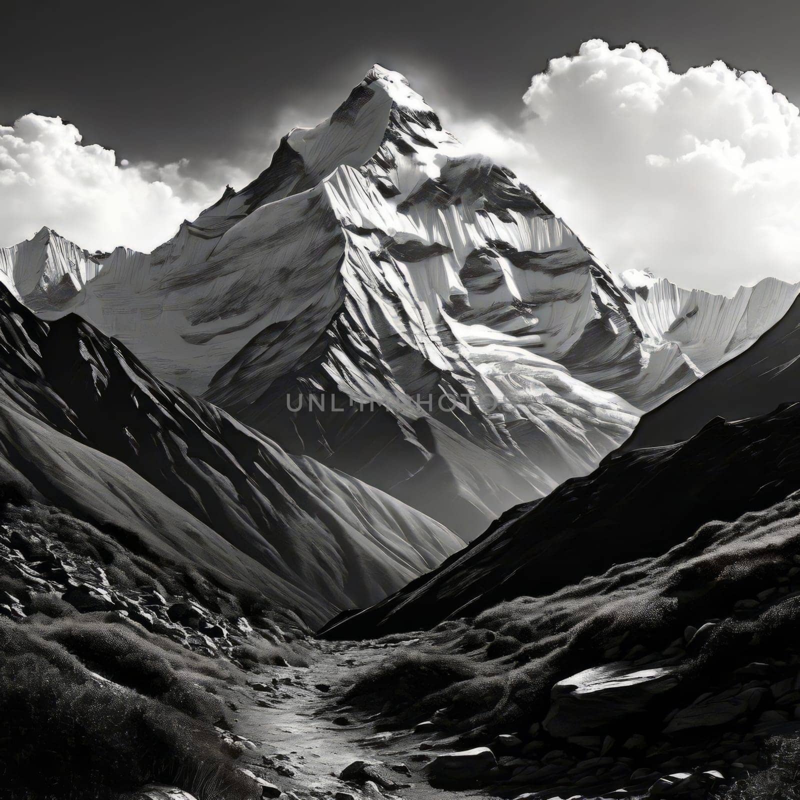 Serene black, white painting capturing majestic Nepal mountains, lush trees in harmonious contrast. Logo design for outdoor adventure travel agency, nature themed website, social media banner, print