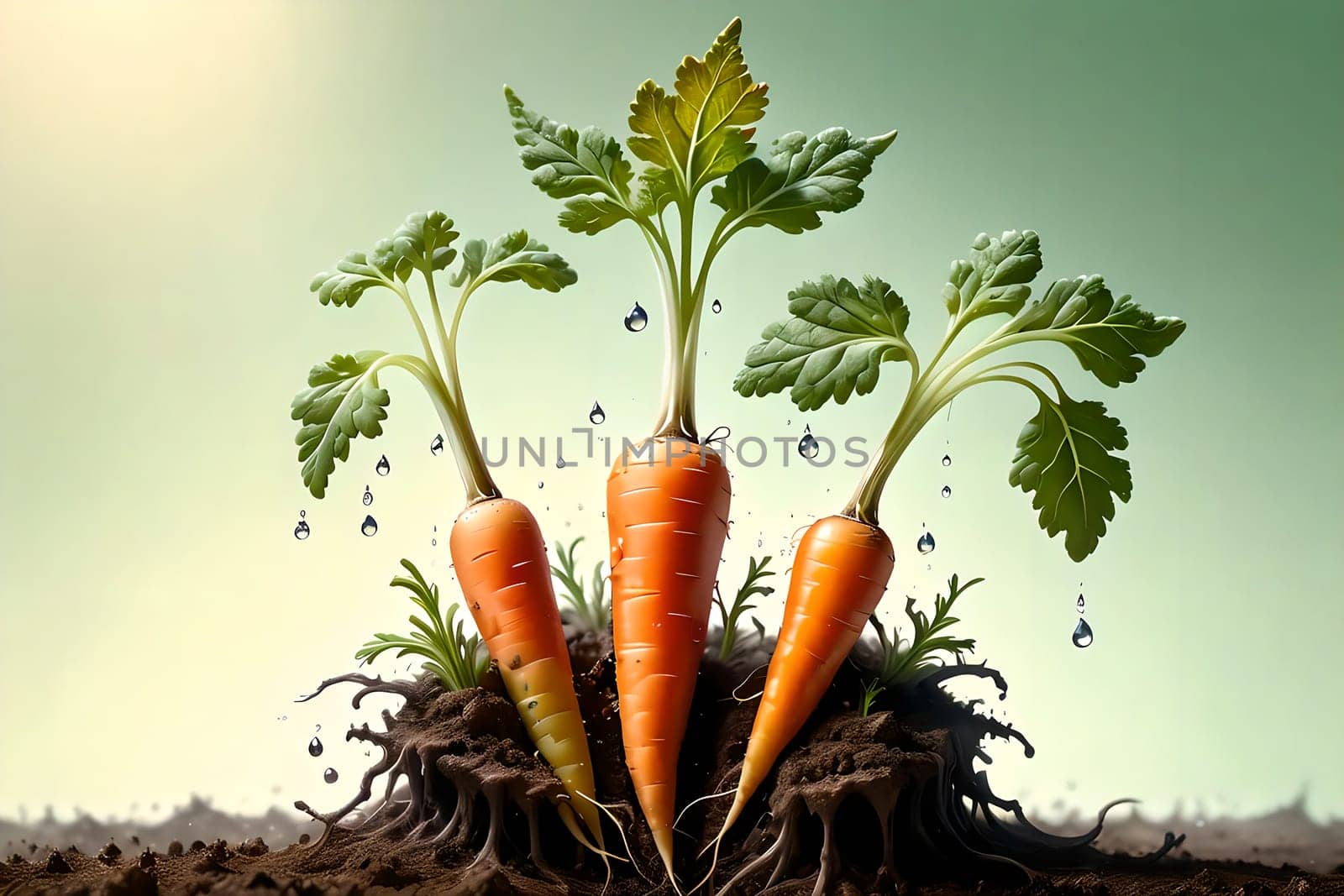 Long carrots in the remains of the soil, with green tops . AI generated image.