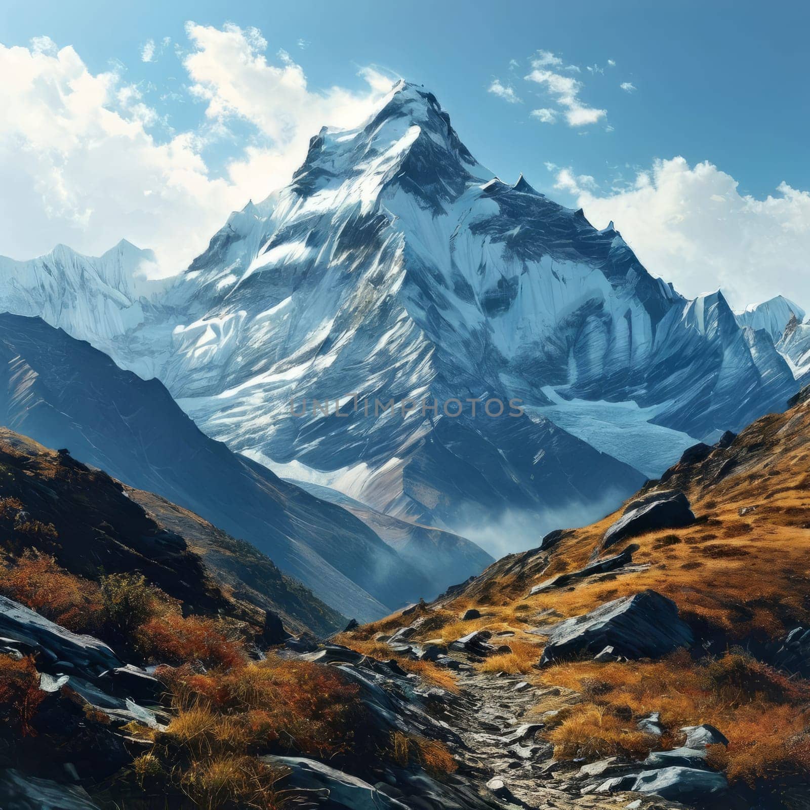 Scenic Nepal mountain road winding through majestic peaks in background. Various contexts such as art galleries, nature themed publications, educational materials on geography, inspirational posters