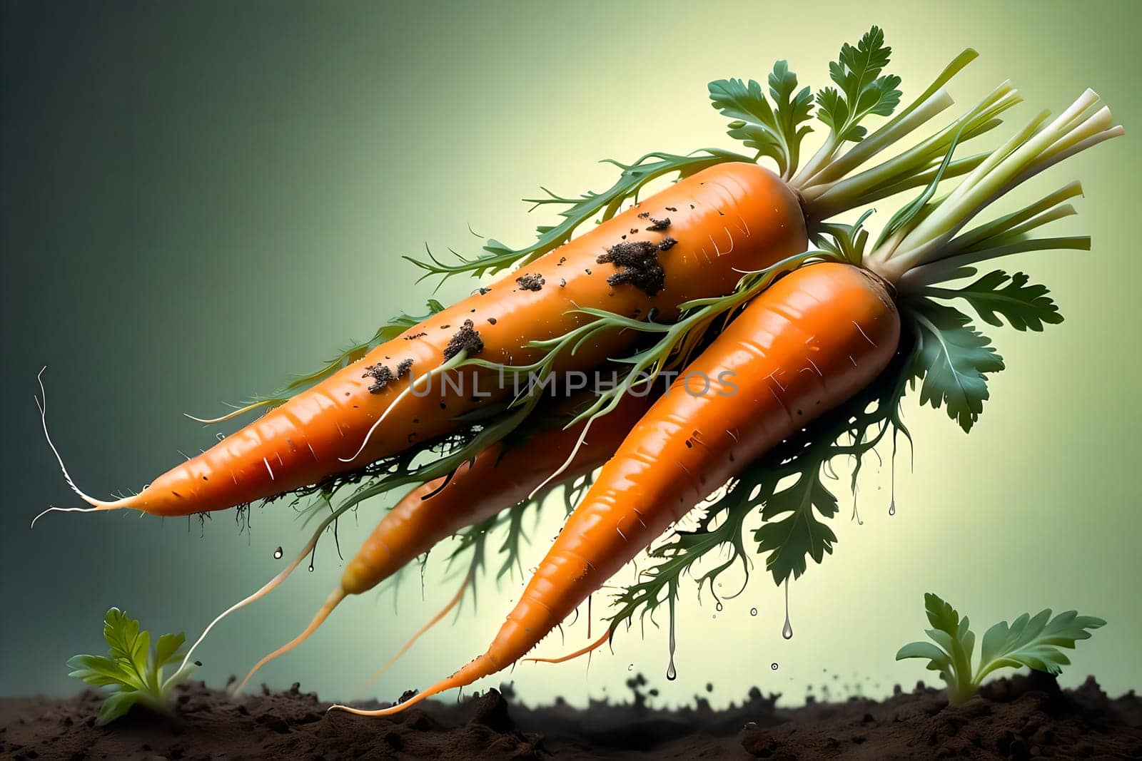 Long carrots in the remains of the soil, with green tops . AI generated image.