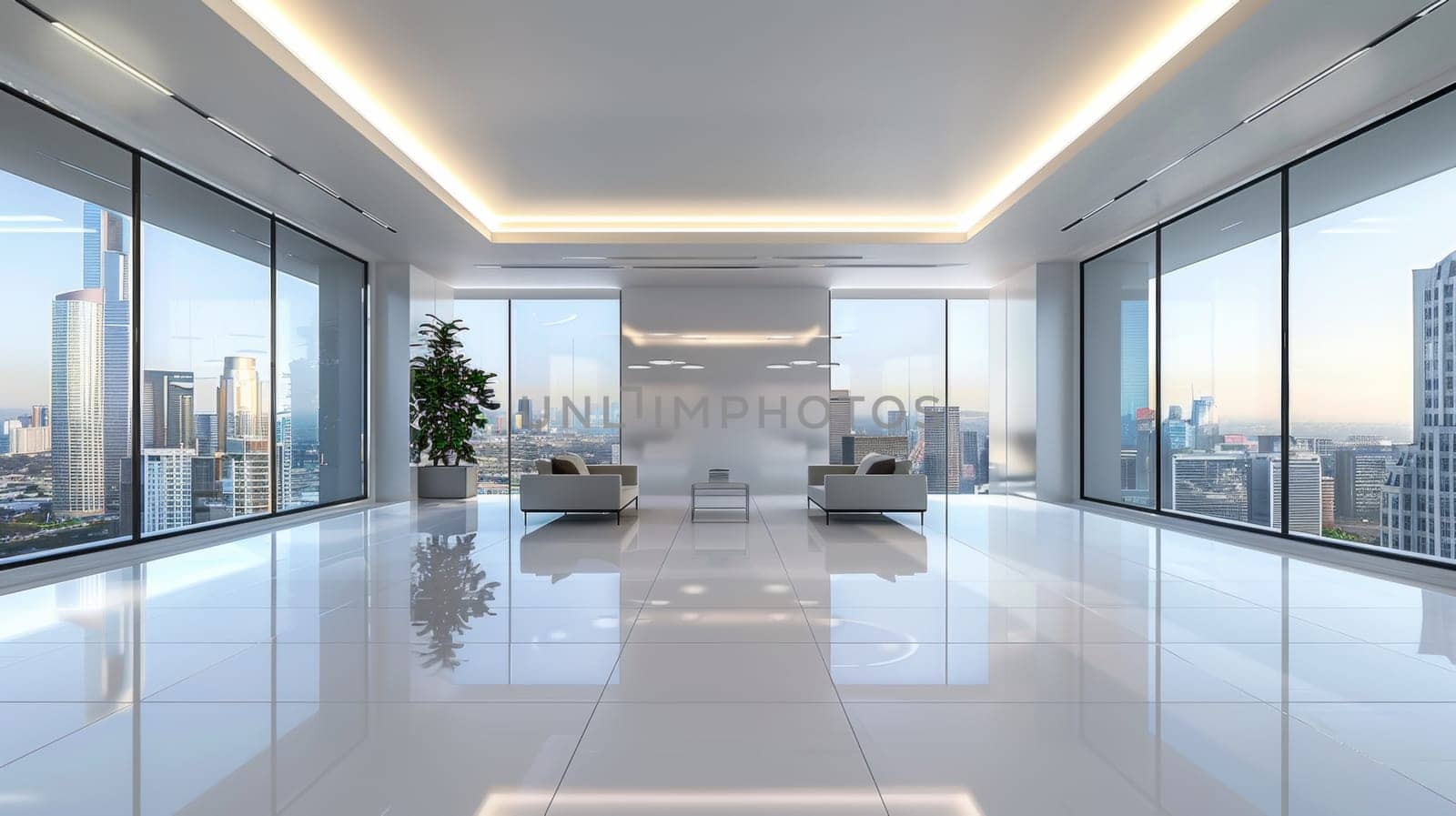 A large room with a lot of windows and white furniture