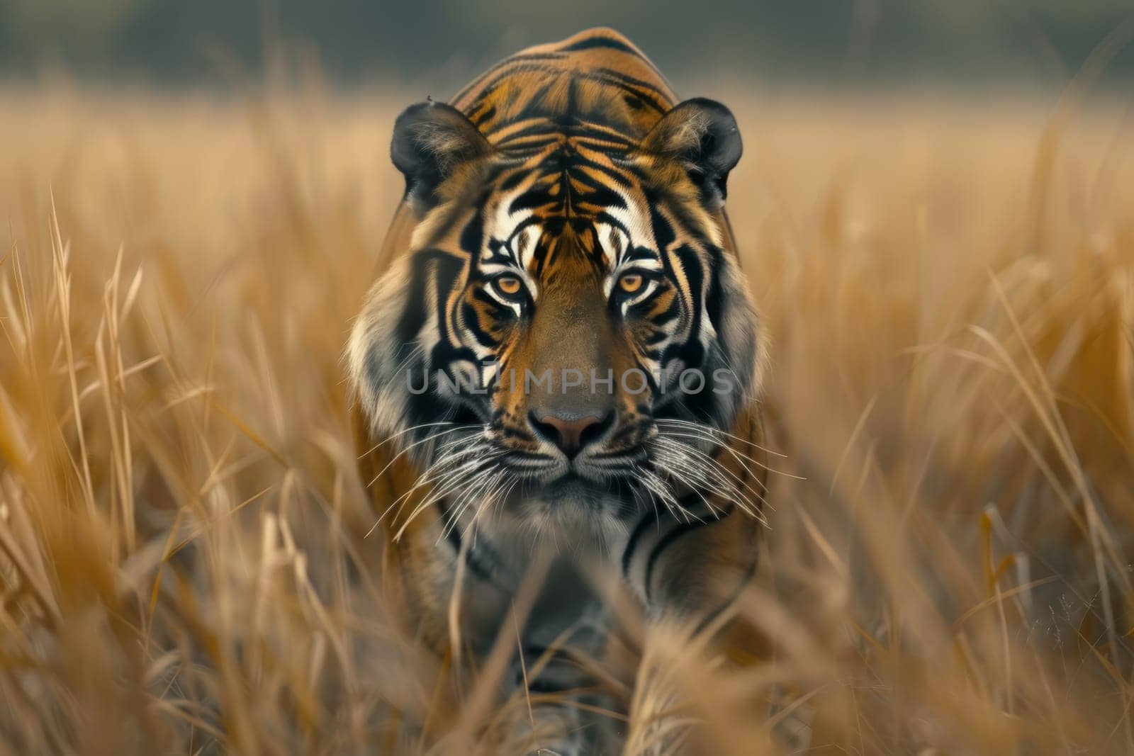 A Bengal tiger strides confidently through a dust-filled sunset. The image captures the beauty and might of an endangered species in its natural habitat