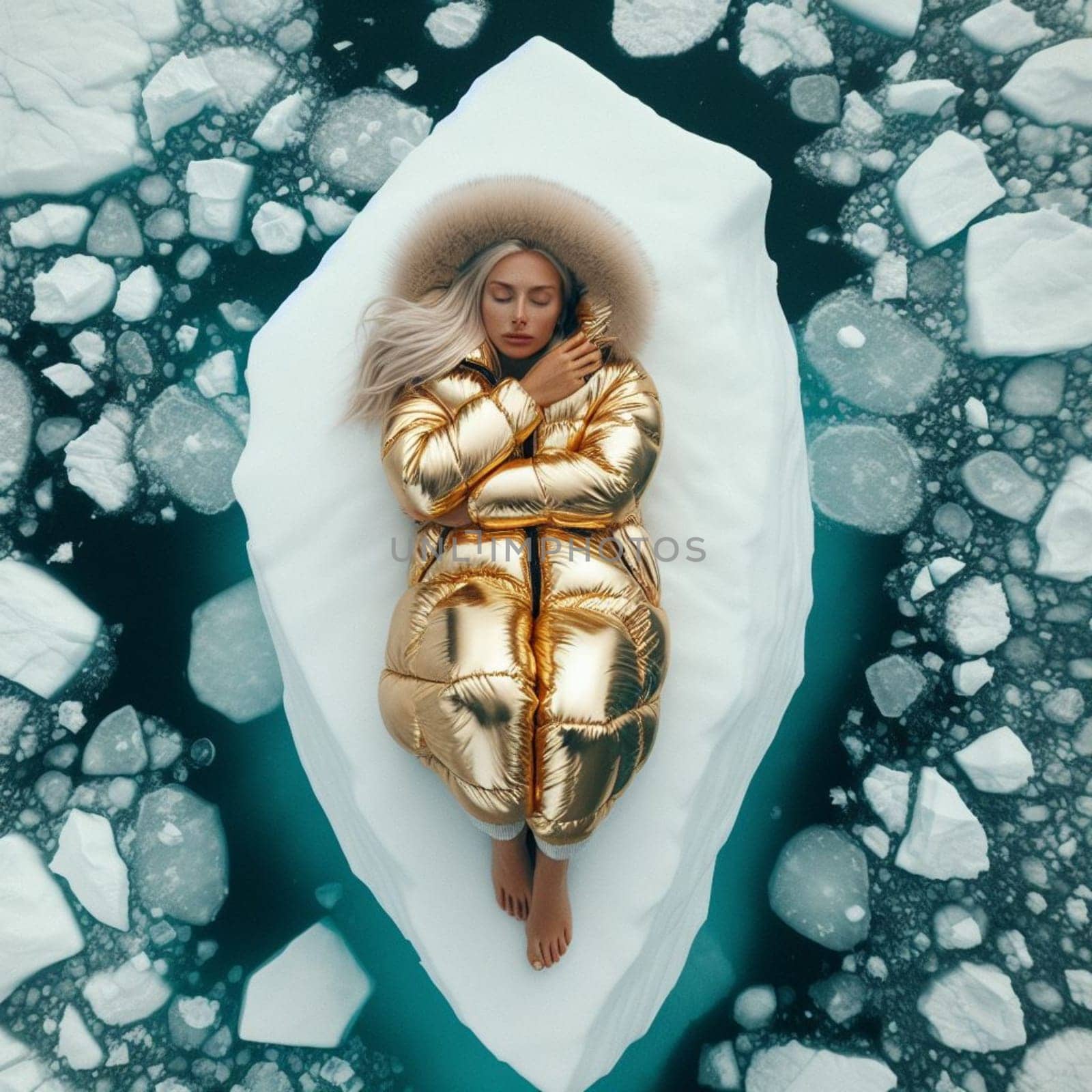 Woman in yellow golden puffer jacket lies on a block of ice alone in the middle of the ocean sea. Environmental issue, climate change agenda, AI generated