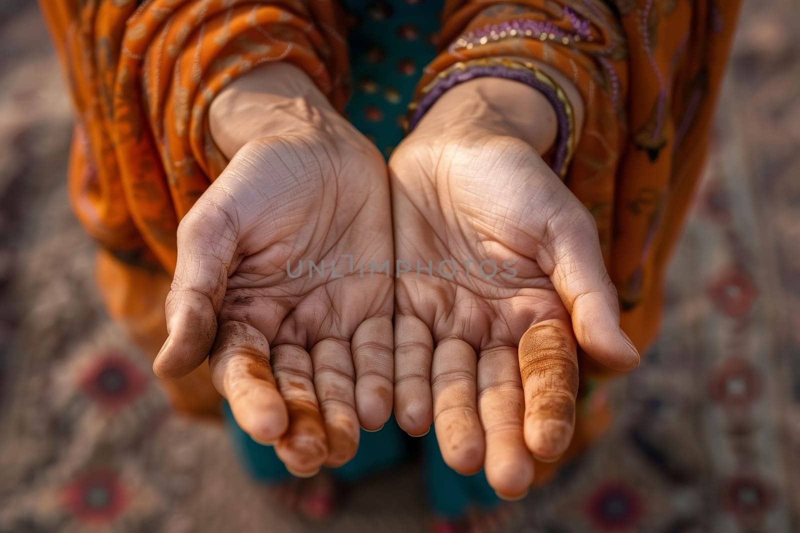 Open hands are extended outward, symbolizing charity and the willingness to help others. The gesture conveys a universal message of kindness and support.