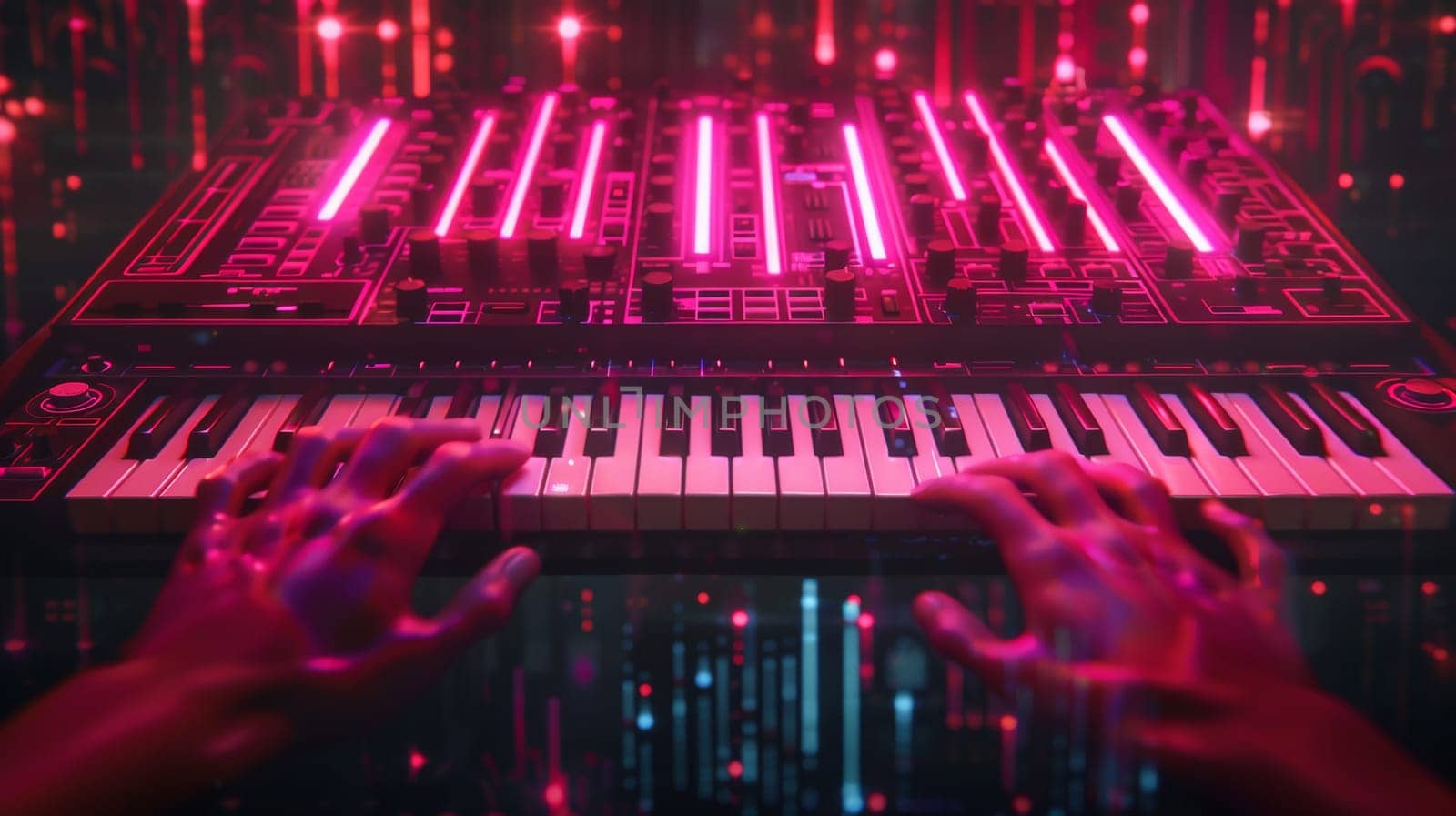 A person playing a synthesizer with glowing lights behind them