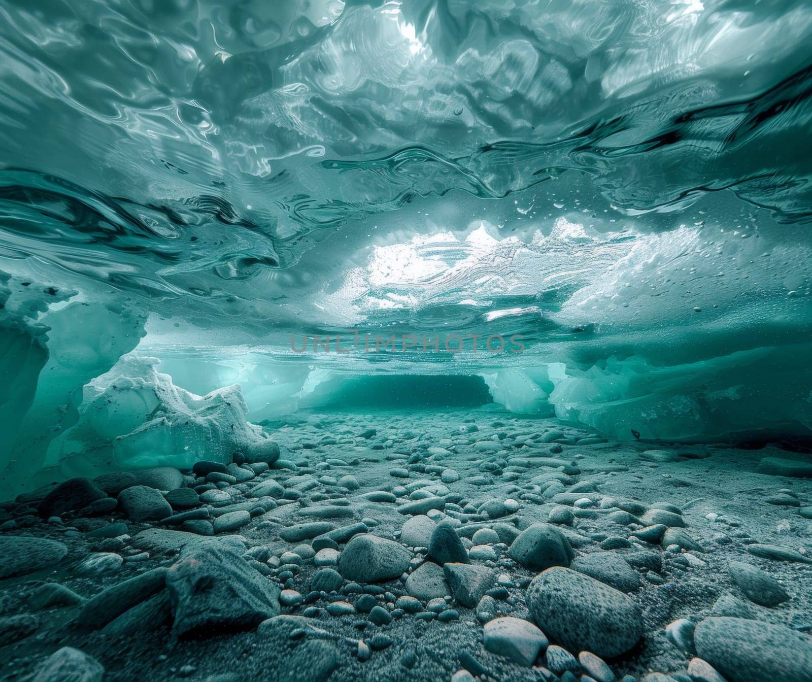 A view of a large body of water with rocks and ice