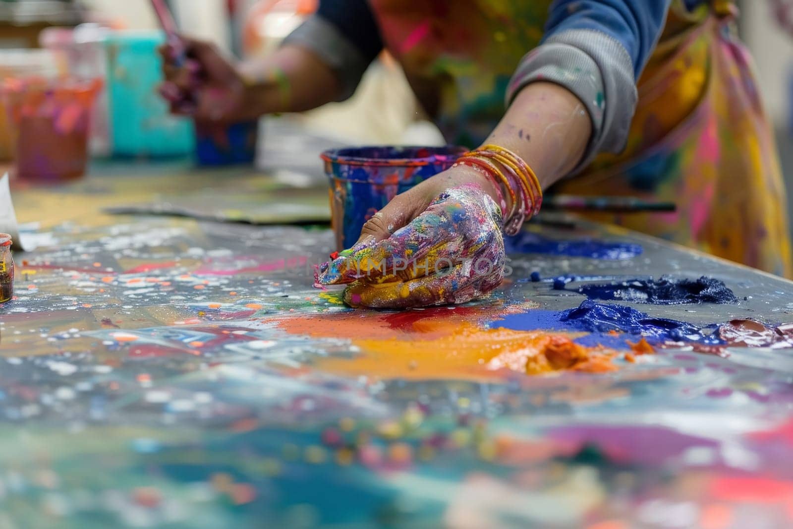 Hand submerged in paint at an art workshop, a vibrant scene of creativity and color inspired by Holi. This workshop encourages artistic exploration and communal artistry