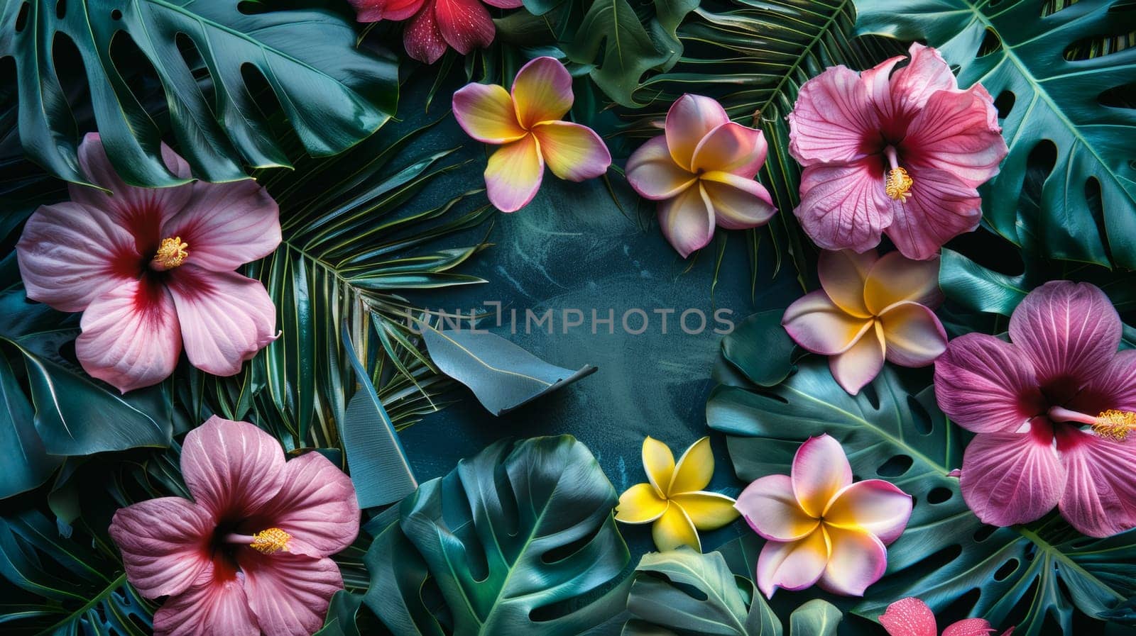 A bunch of tropical flowers and leaves on a dark background