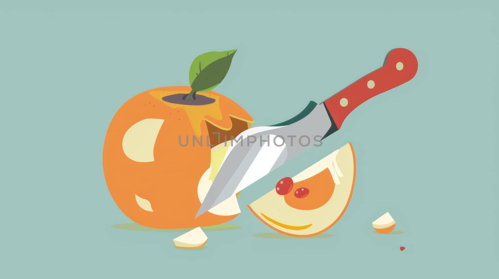 A knife is slicing an apple with a hole in it