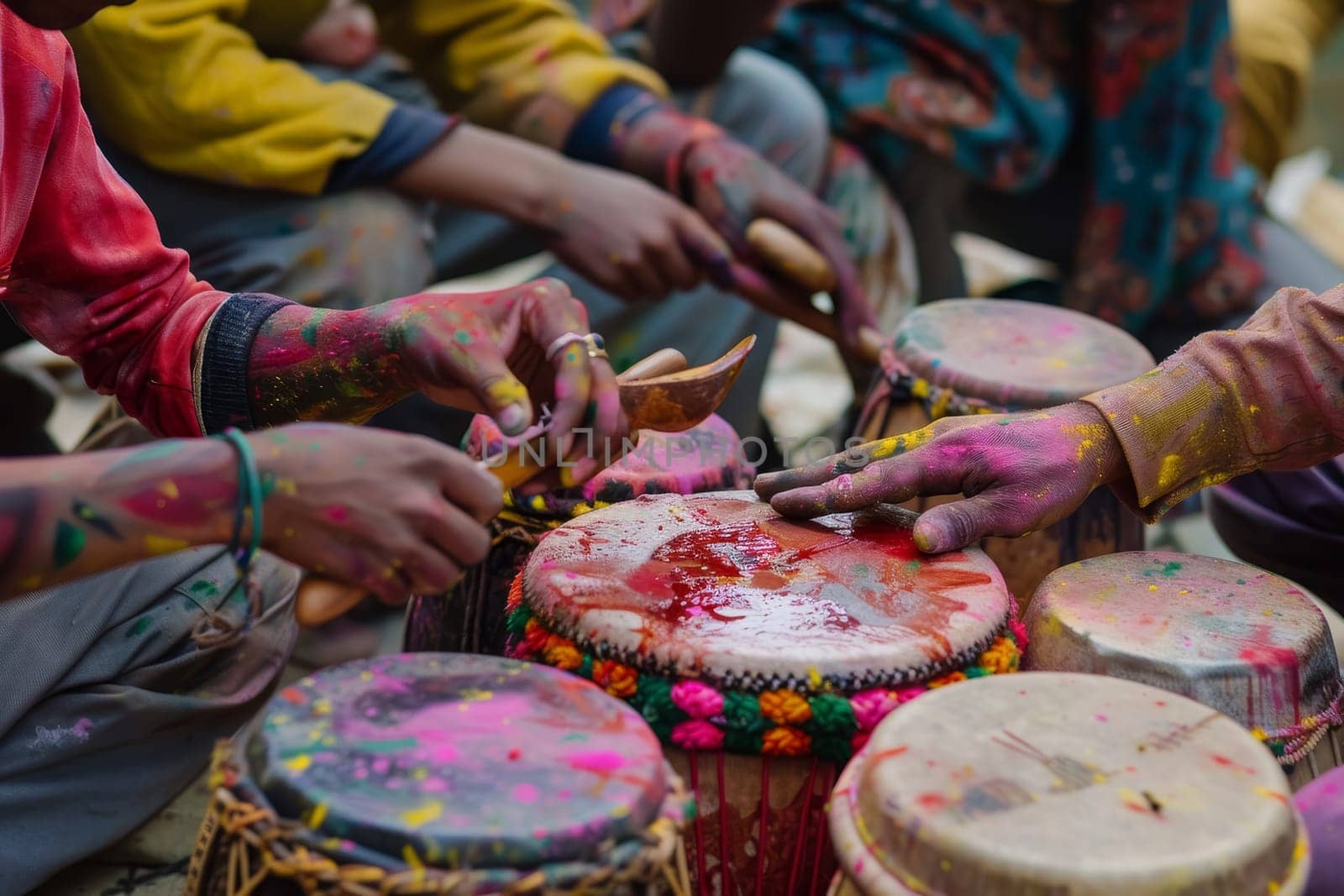 Vibrant Holi colors coat the hands and drums of musicians in a spontaneous celebration of rhythm. The traditional drumming circle brings life to the festival with its rich cultural beats