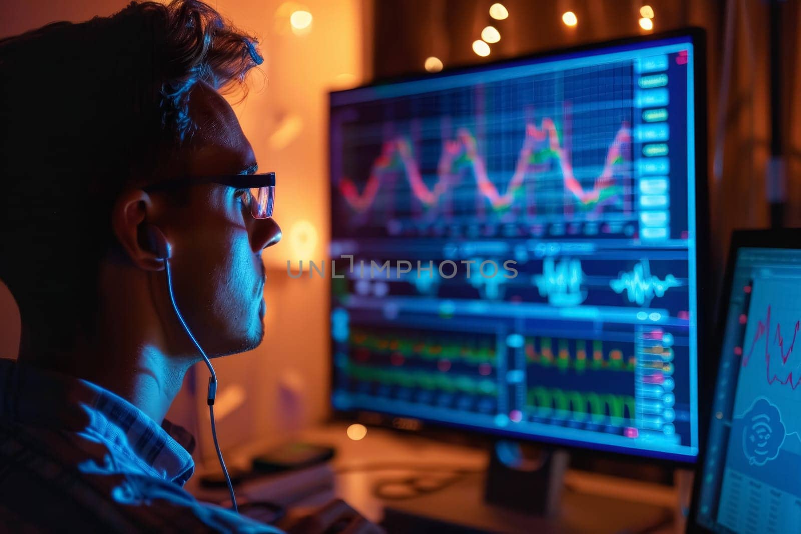 A researcher intensely studies sleep pattern data on multiple computer monitors. The room glows with screens, highlighting the modern approach to science