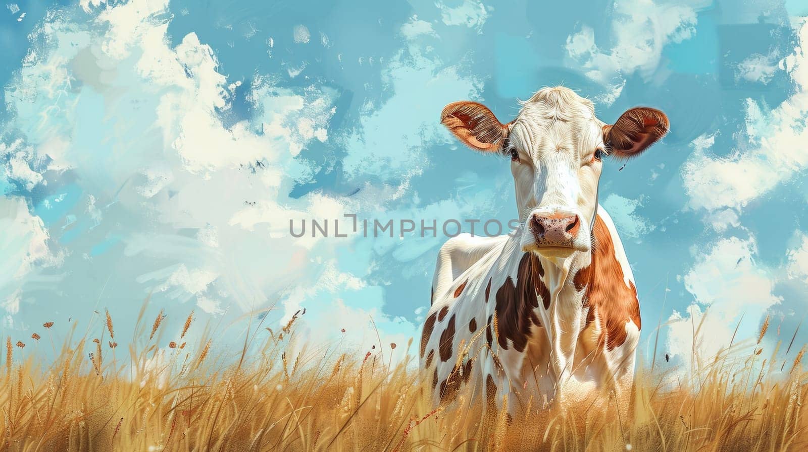 A brown and white cow standing in a field of tall grass