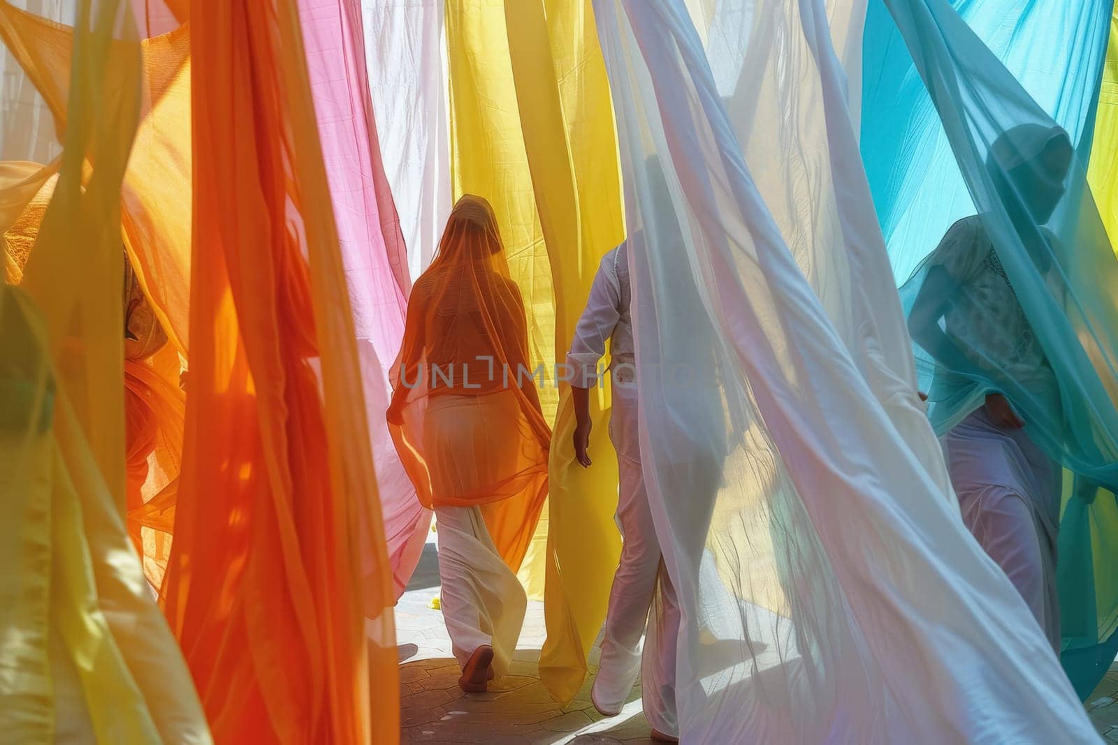 Figures shrouded in colorful cloths stand against an urban backdrop, creating a striking abstract art tableau. The anonymity of their forms challenges the viewer to find meaning beyond the visual.