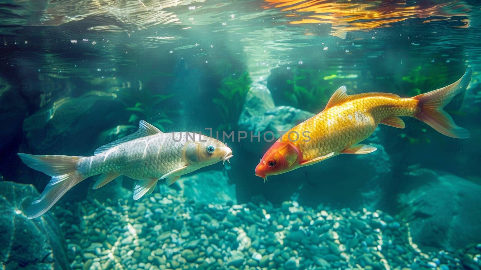 Two fish swimming in a pond with rocks and pebbles