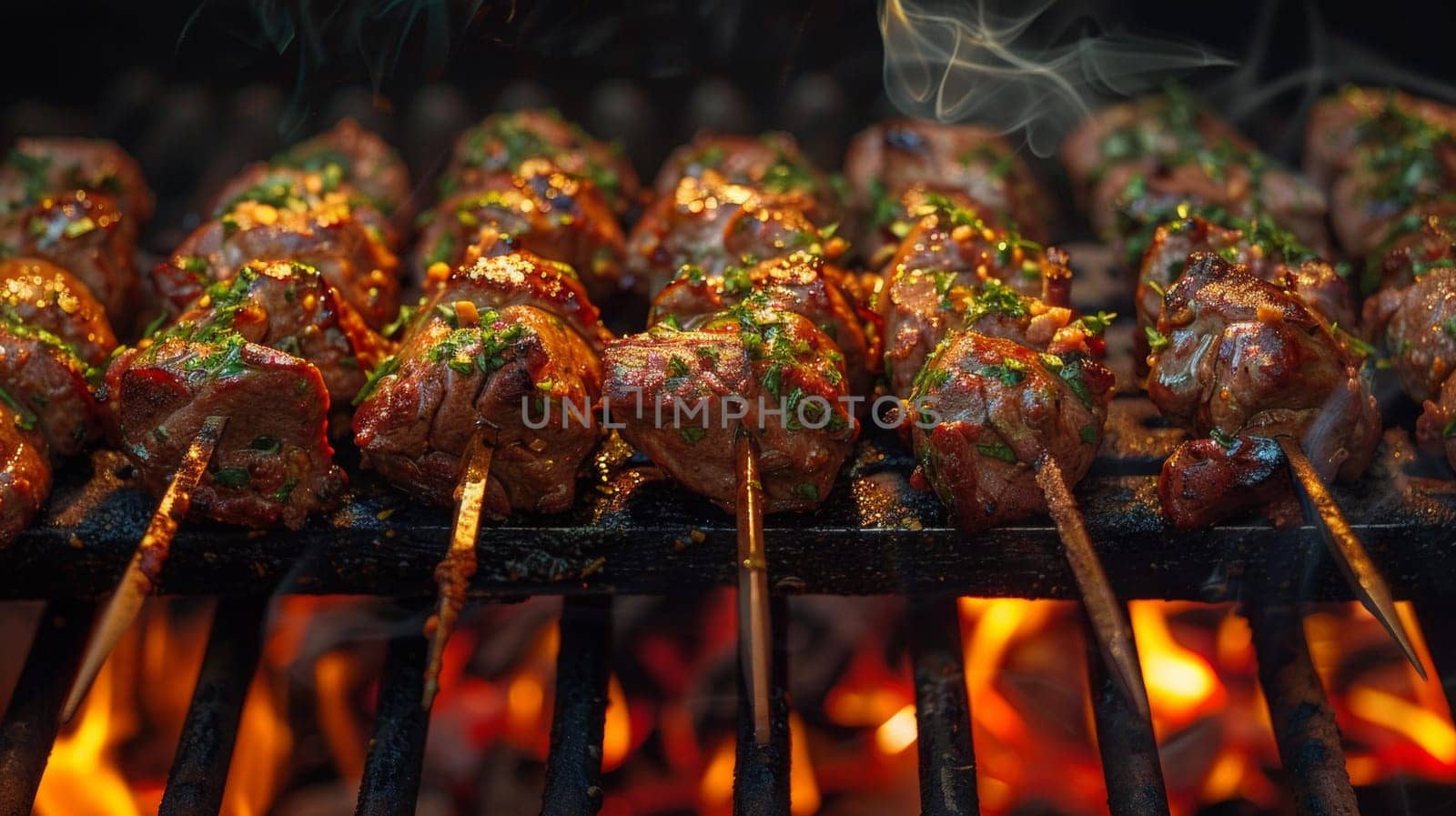 A close up of a grill with meat on skewers and fire