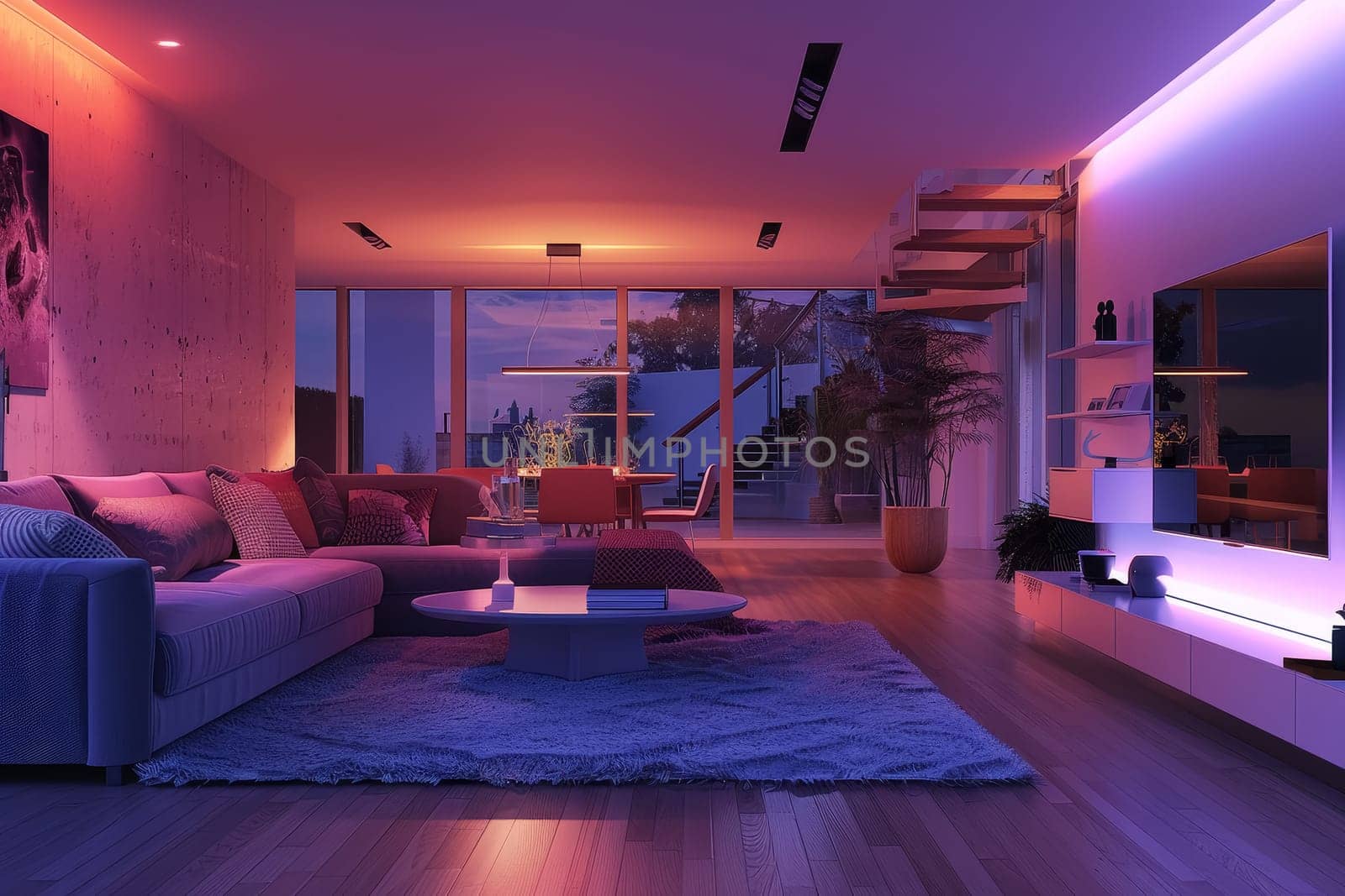 A modern home interior bathed in dynamic color-changing lights, reflecting the fusion of technology and design in contemporary living spaces. The luxurious ambiance is accentuated by the sunset view through large windows