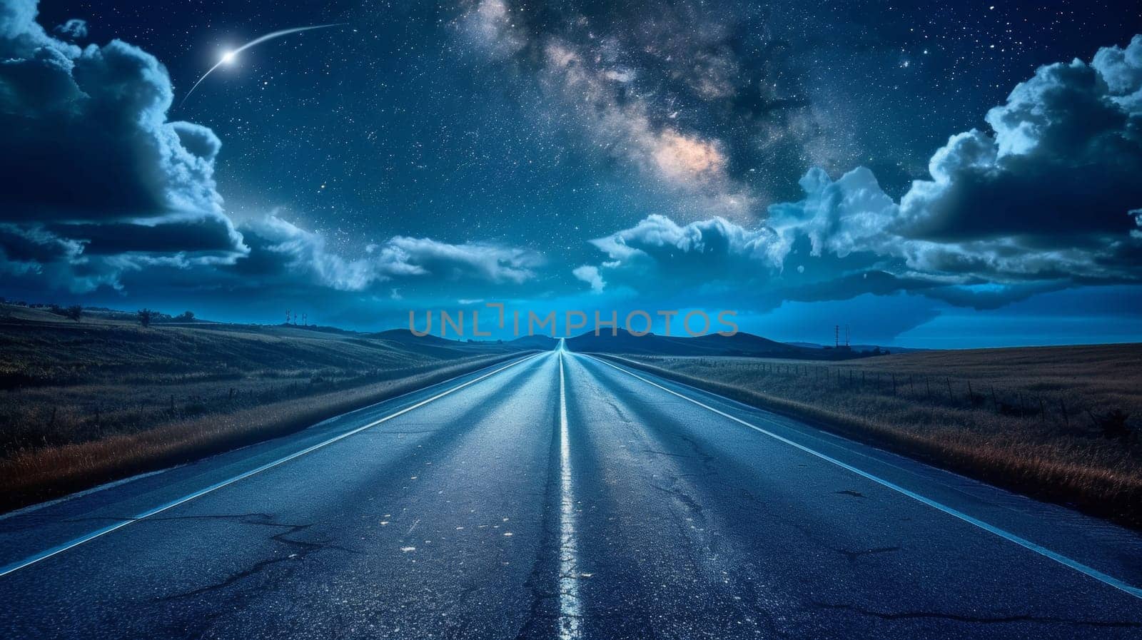 A road with a bright sky above it and stars in the distance