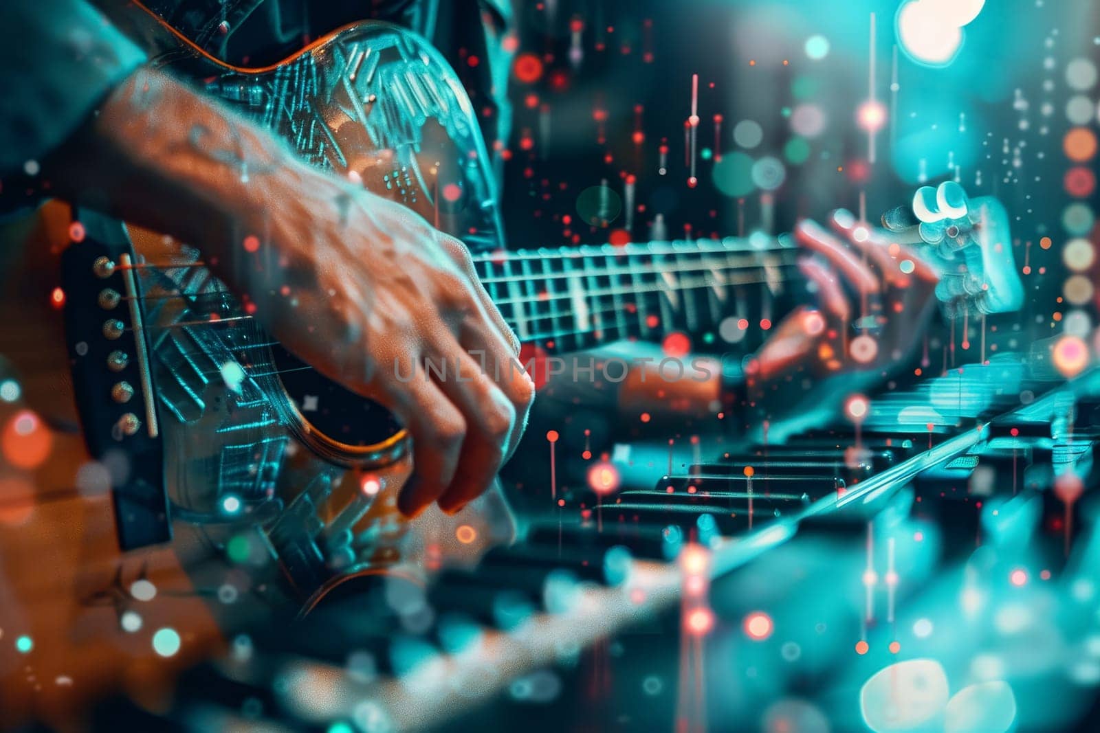 A musician's hands strumming an electric guitar, neon lights and digital soundwaves accentuating the dynamic movement. The blend of technology and music creates an electrifying atmosphere