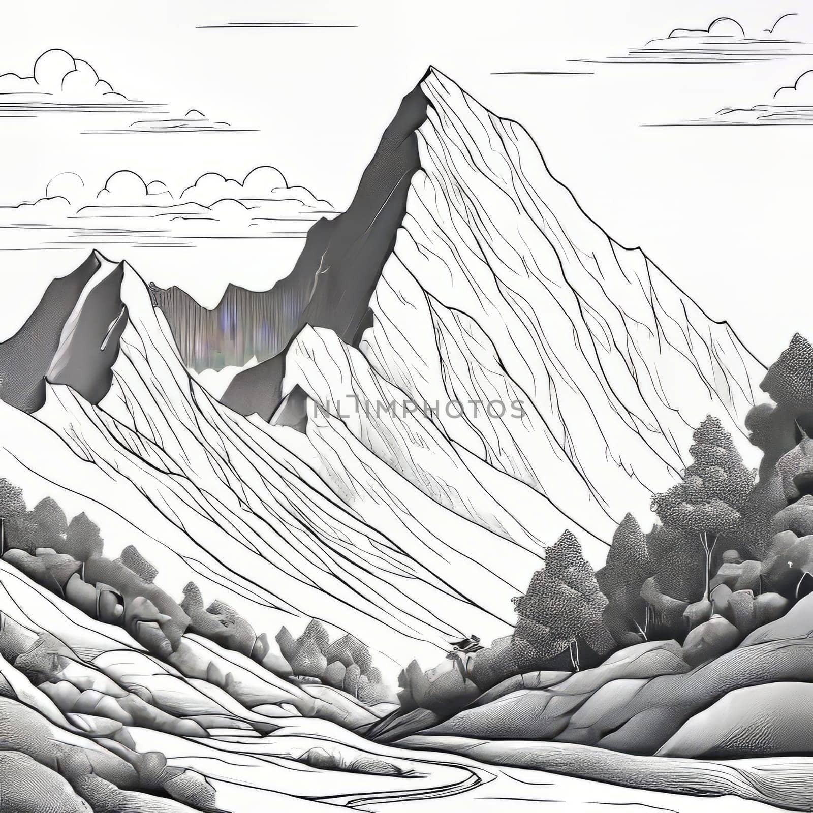 Serene black, white painting capturing majestic Nepal mountains, lush trees in harmonious contrast. Logo design for outdoor adventure travel agency, nature themed website, social media banner, print
