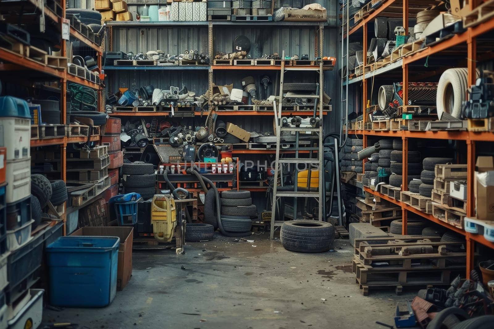 An expansive warehouse brimming with various mechanical parts. Shelves teem with a collection from tires to engine components