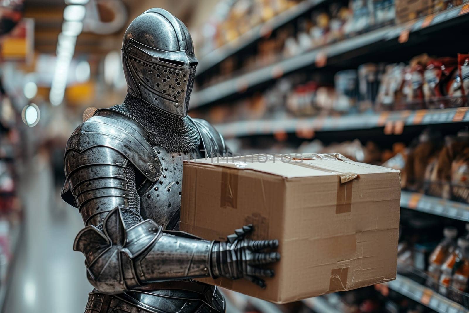 A medieval knight in armor stands with a cardboard box in a store by Lobachad