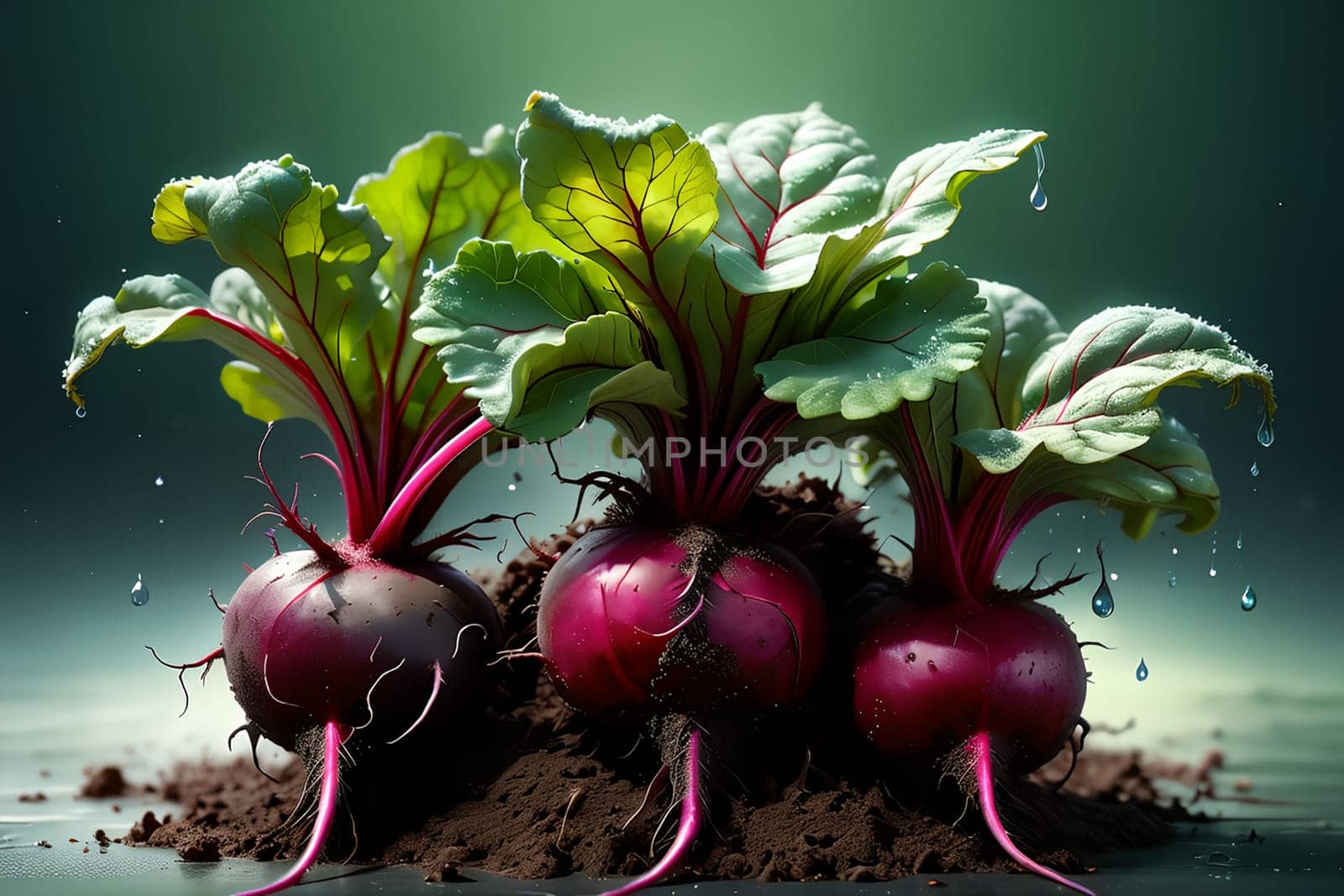 Ripe beets in the remains of the earth, with green tops. AI generated image.
