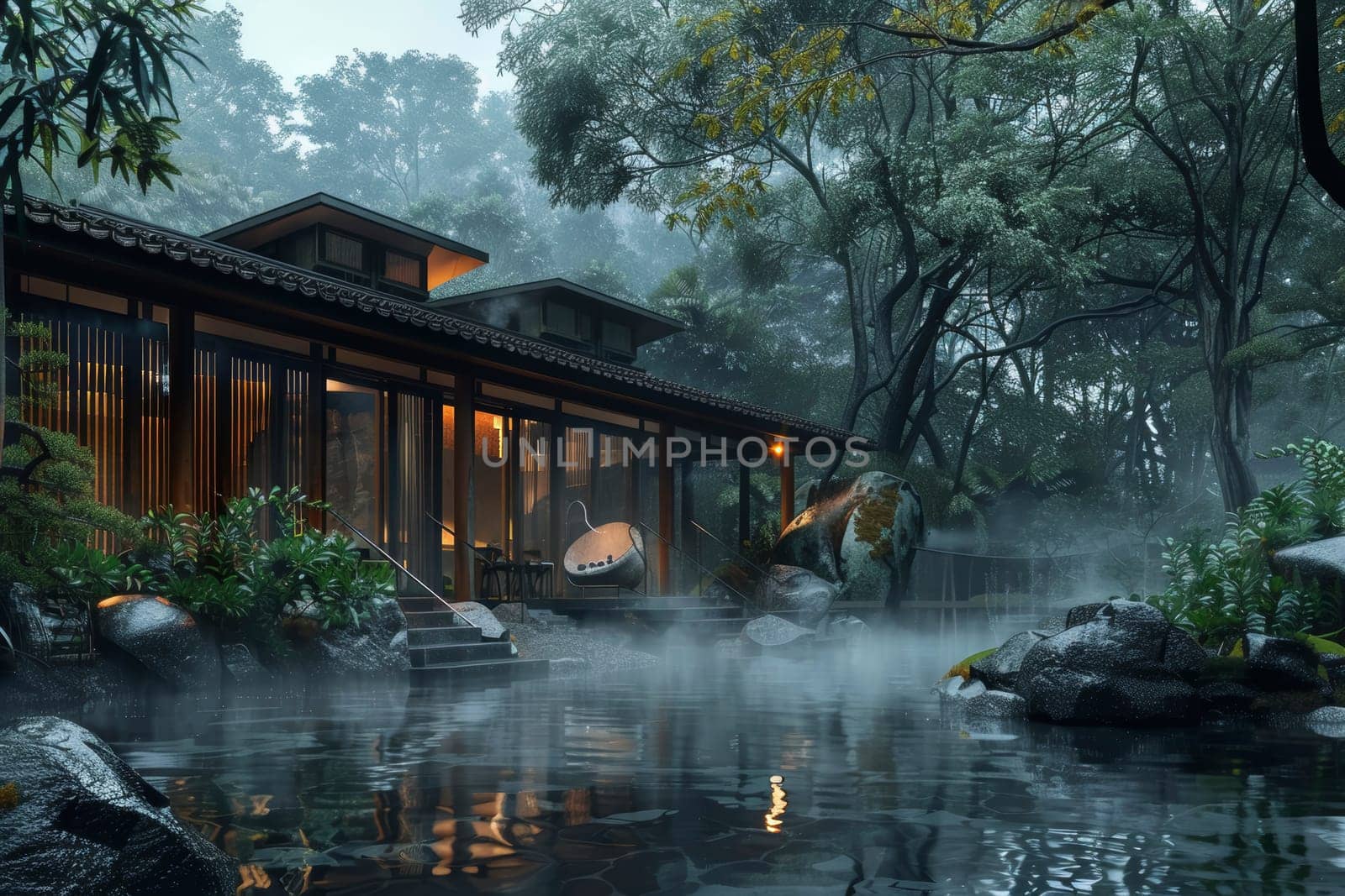 A tranquil spa retreat enveloped in a lush forest setting, with mist rising from a hot pool surrounded by natural stones. Sunlight filters through the trees, enhancing the serene atmosphere