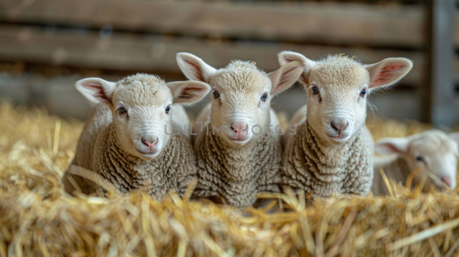 A group of three sheep are standing in a pile of hay