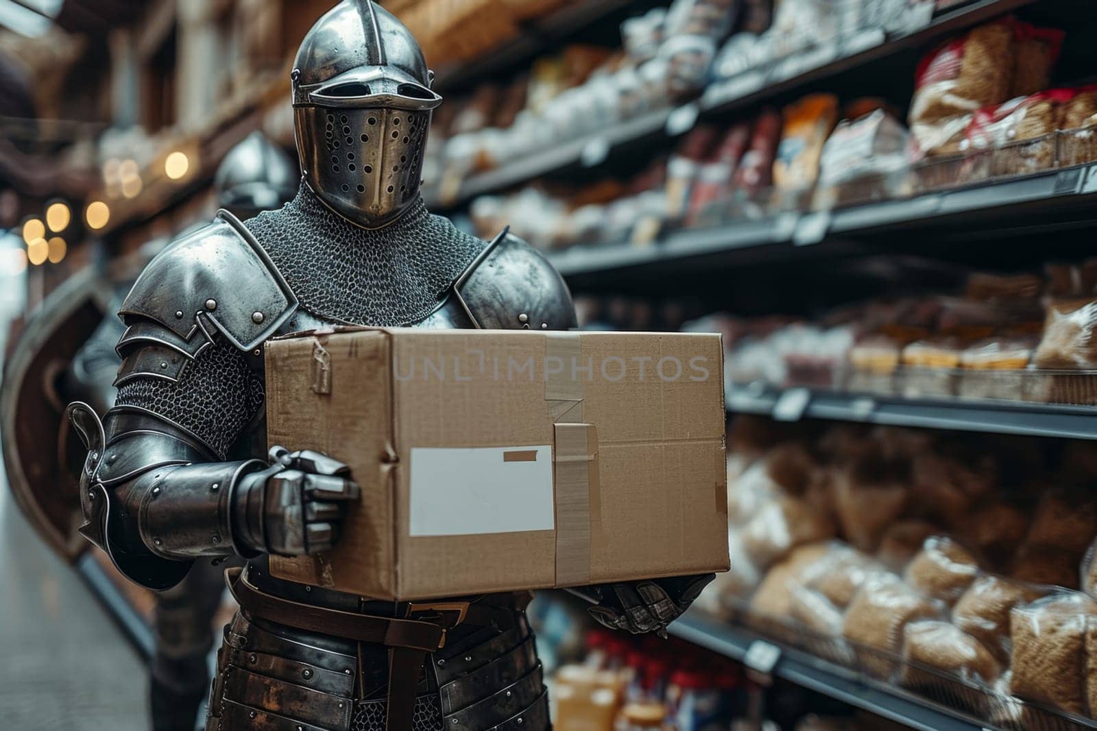 A medieval knight in armor stands with a cardboard box in a store by Lobachad