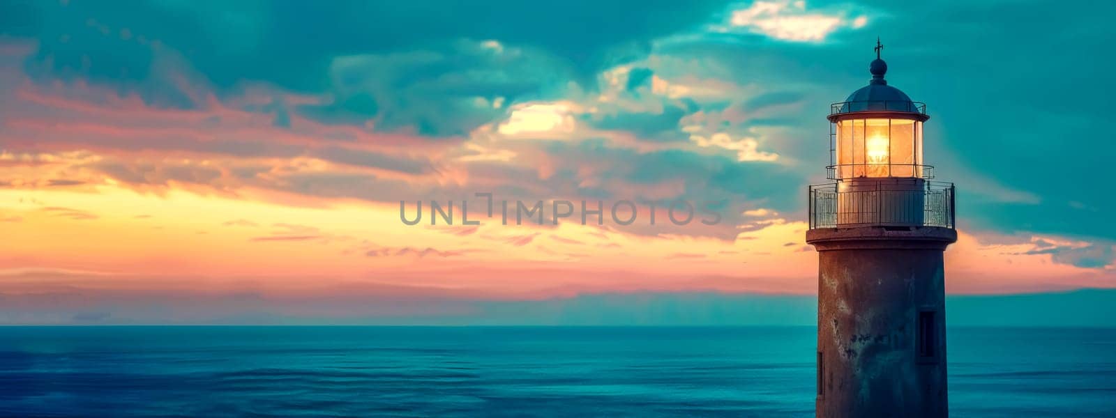 Panoramic view of a lighthouse against a vibrant sunset over the ocean