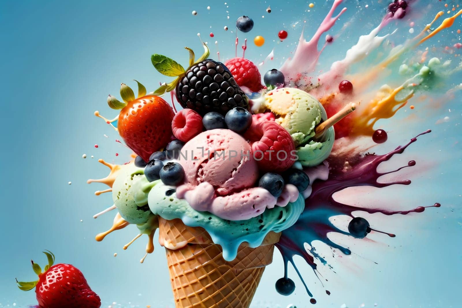 cold fruit sweet ice cream on a blue background. AI generated image.
