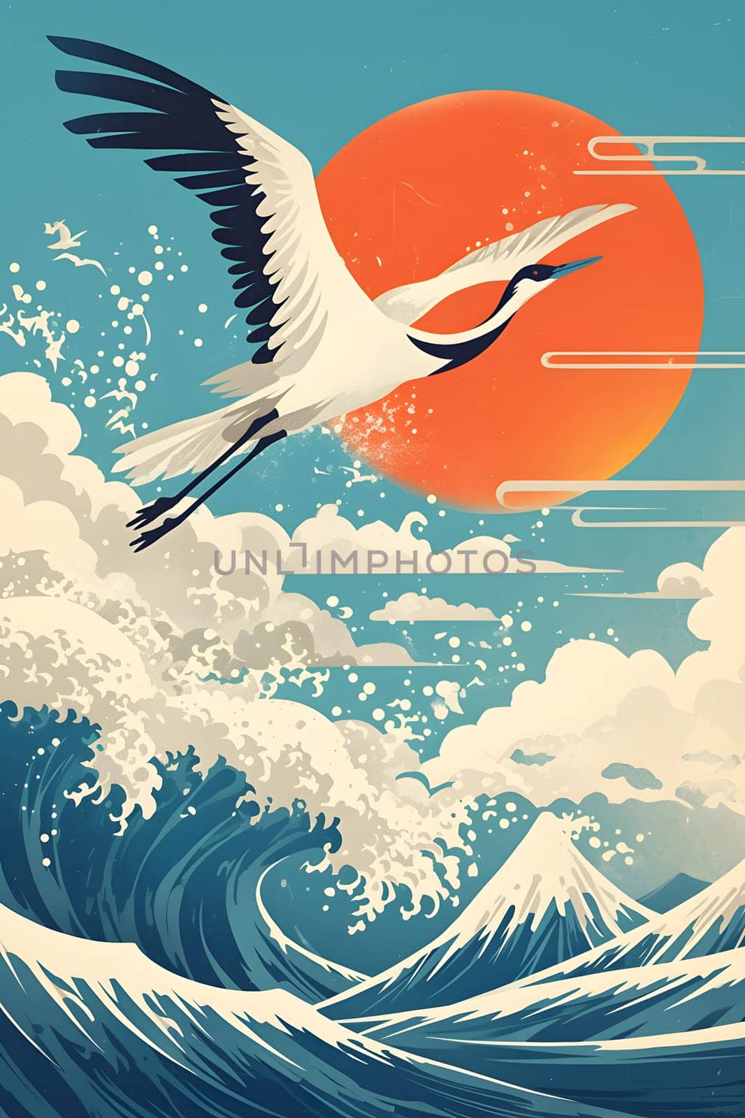 Seabird soaring above ocean wave with fish, wings spread by Nadtochiy