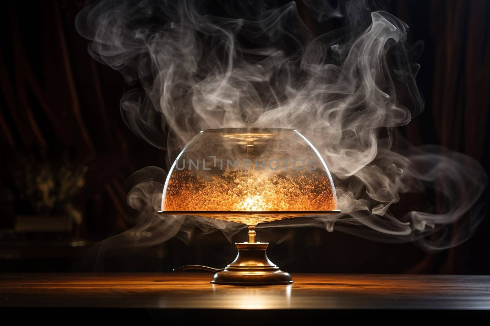 Vintage lamp with a lampshade on a table in clouds of steam.