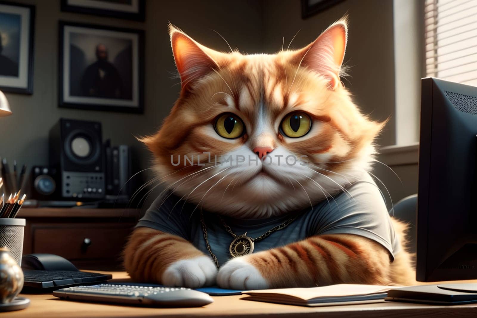 A fat cat in a T-shirt is sitting at the office table in front of a computer .AI generated image.