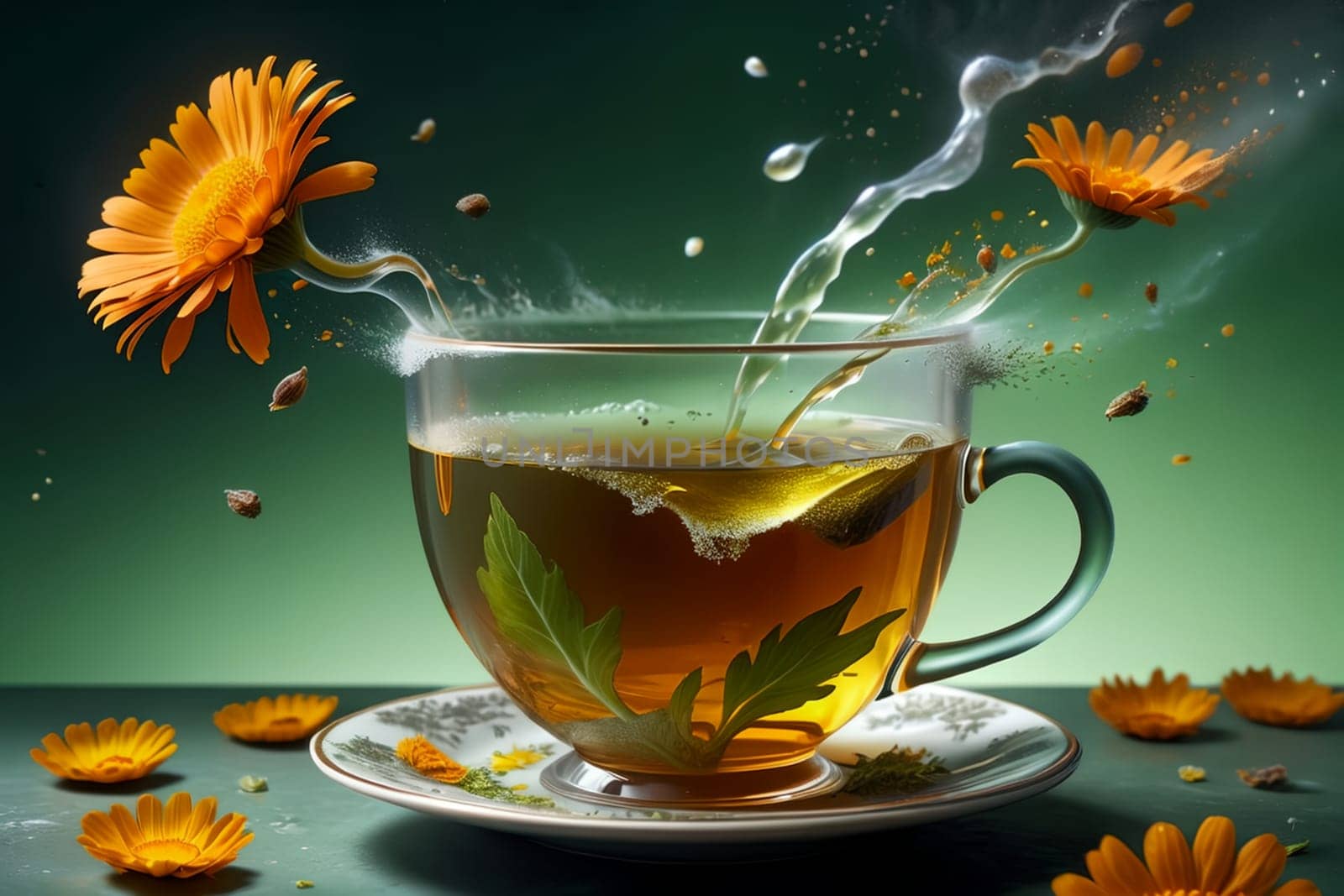 calendula tea in a glass cup with flowers. AI generated image.