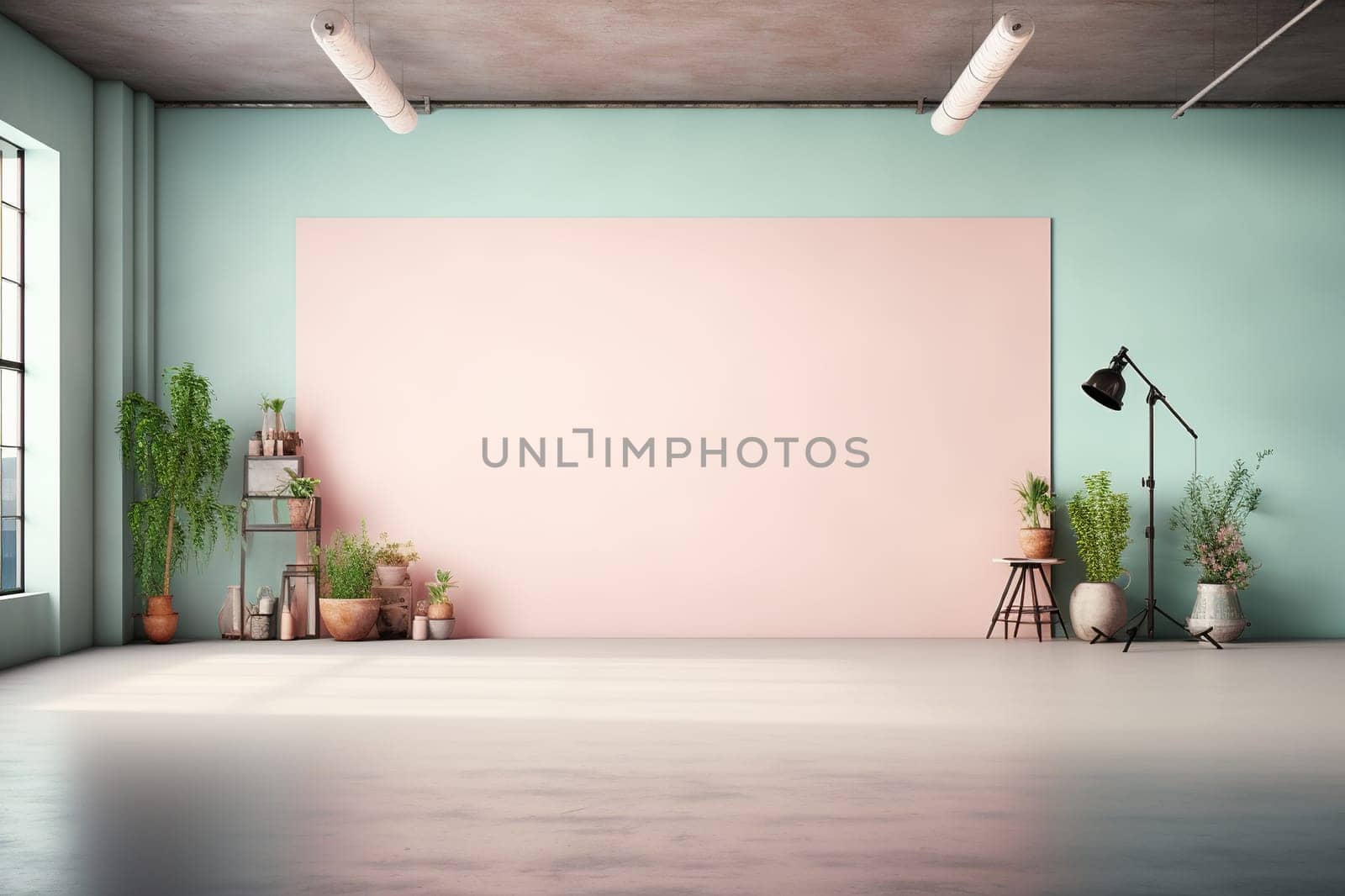 Large room with pink wall and potted plants. Stylish interior.
