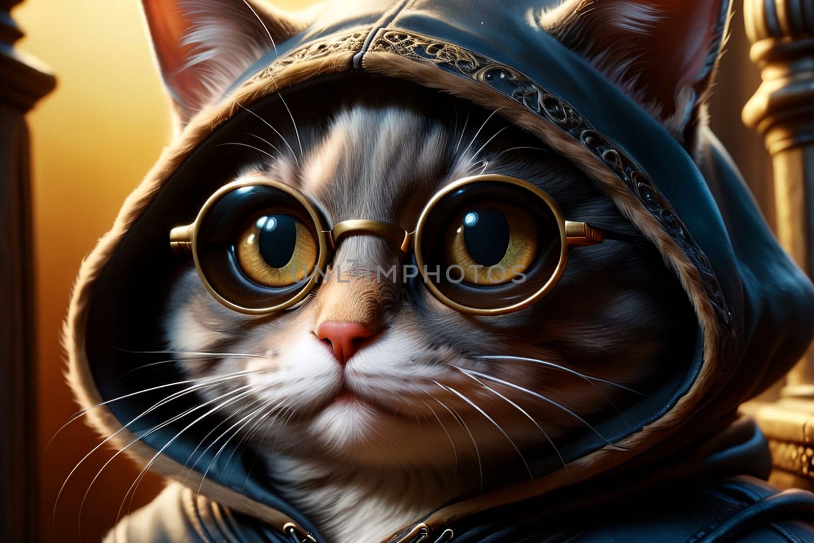 A cat in a sweatshirt with a hood on his head, with a serious expression on his face. Image generated by AI.