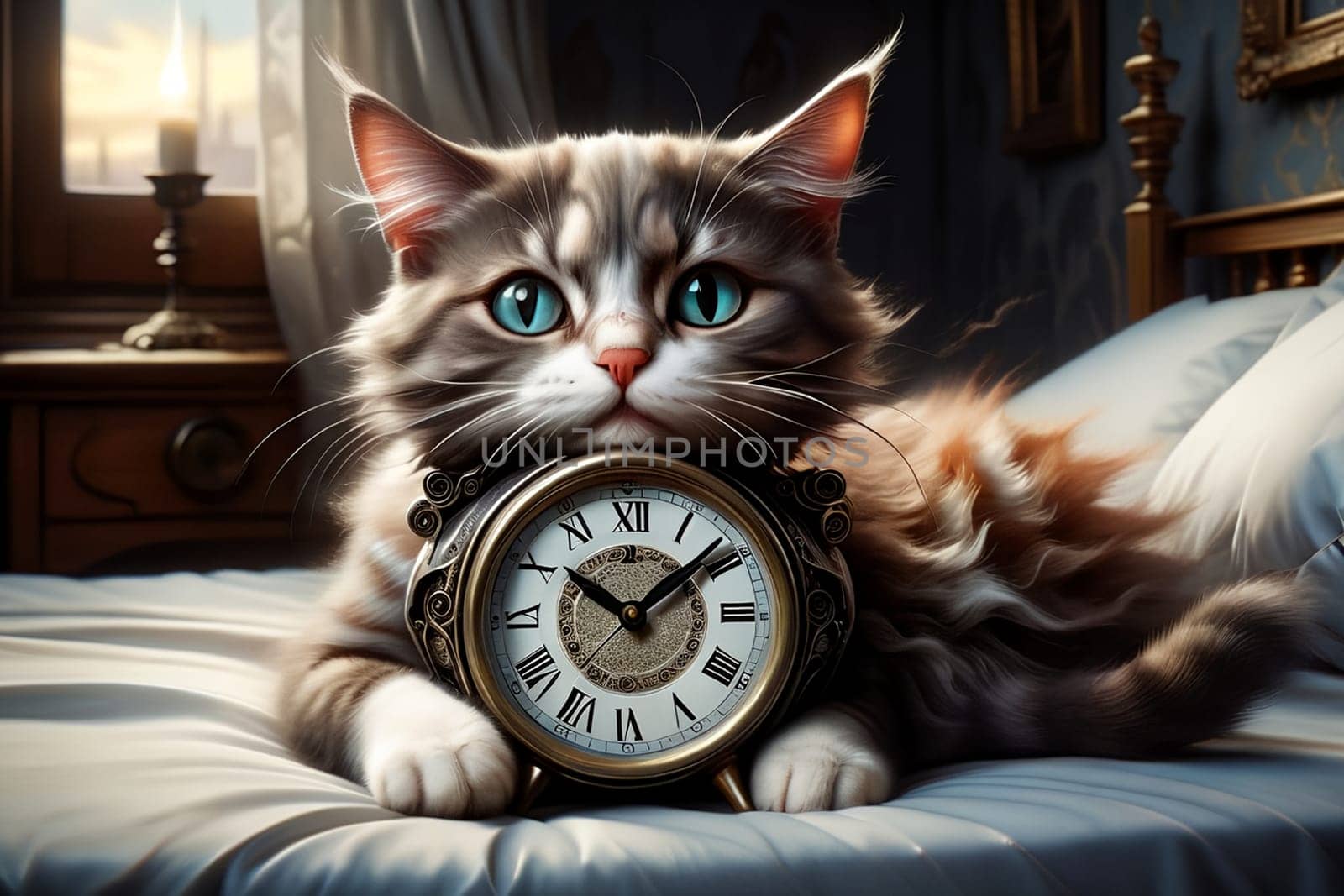 The cat lies in bed with an alarm clock, does not want to get up. AI generated image.