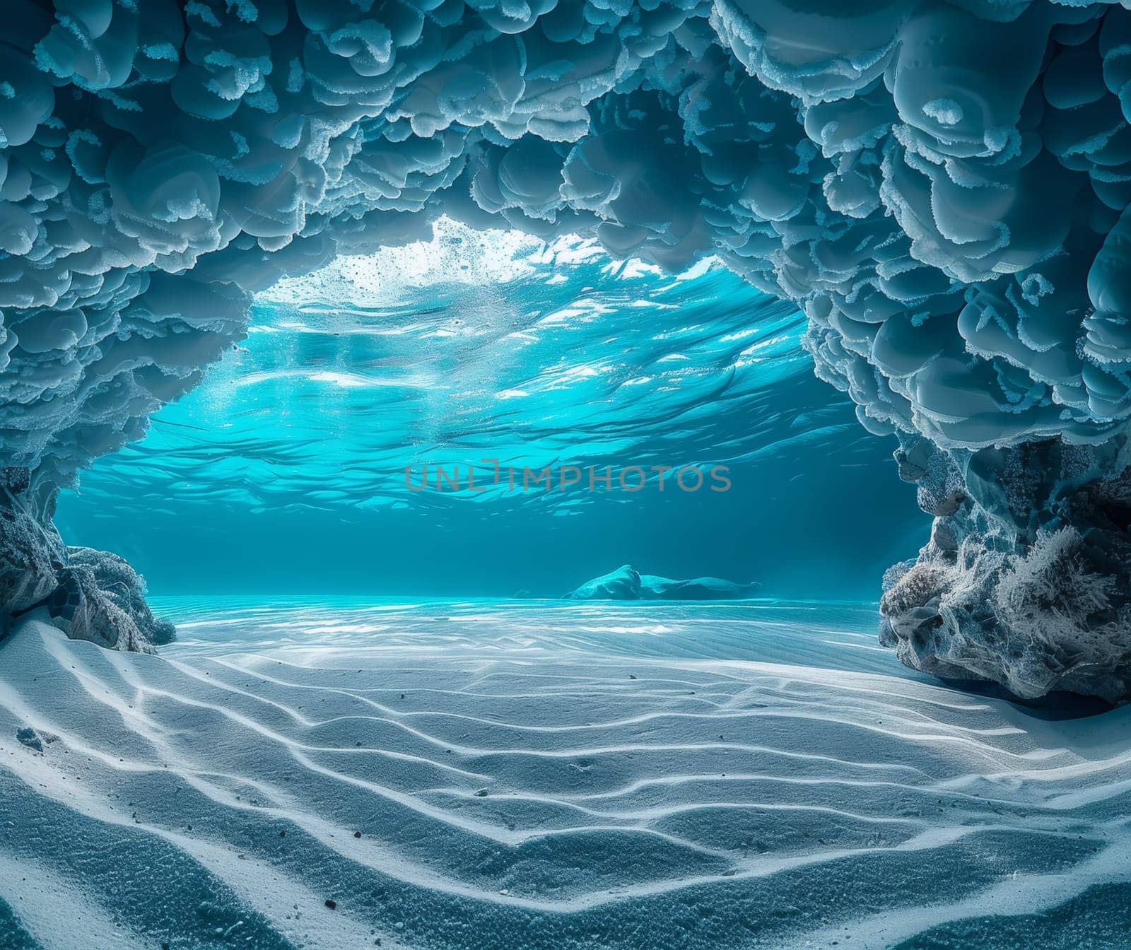 A view of a large cave with water and sand