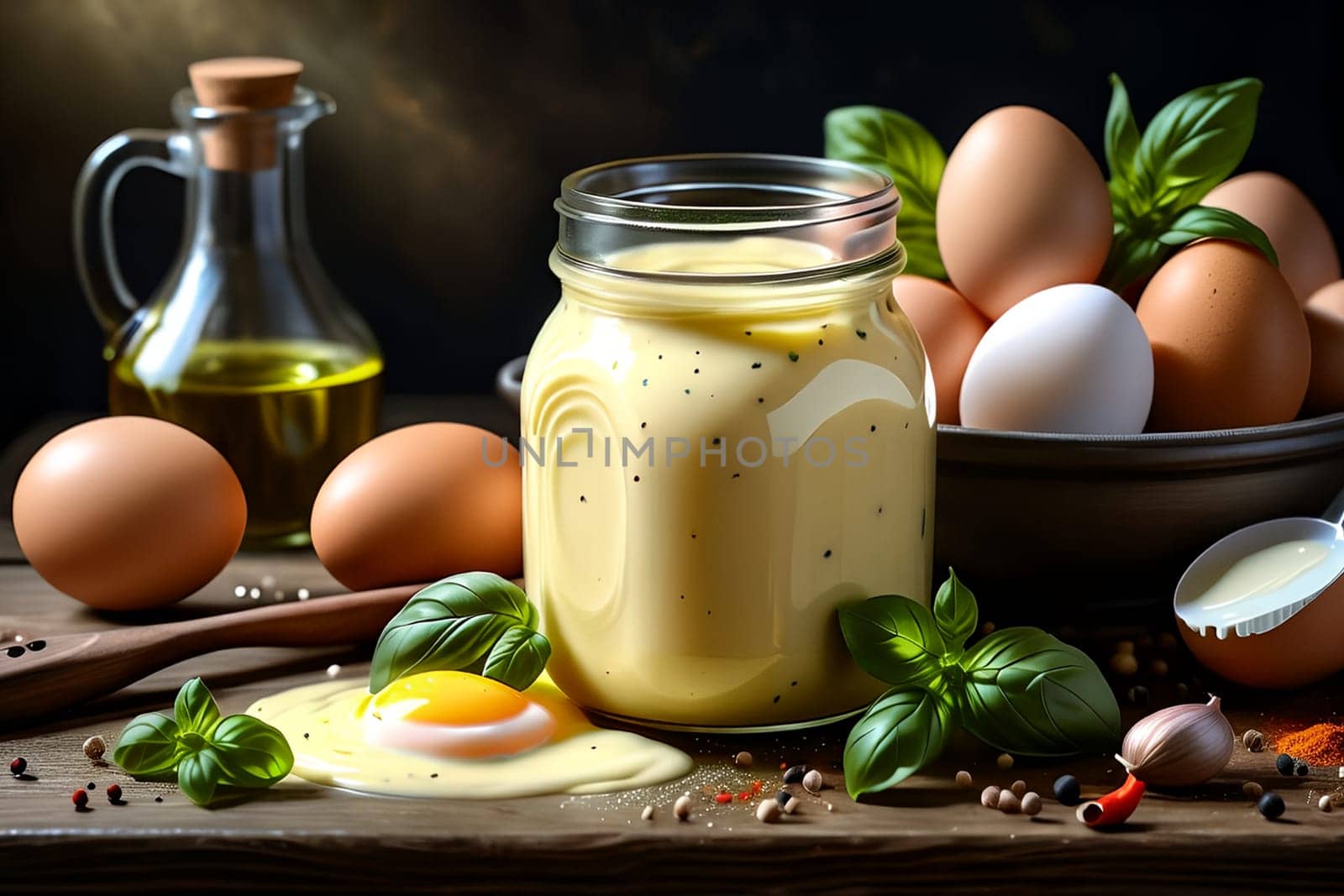 Homemade mayonnaise in a glass jar with eggs and spices on a wooden background . AI generated image.
