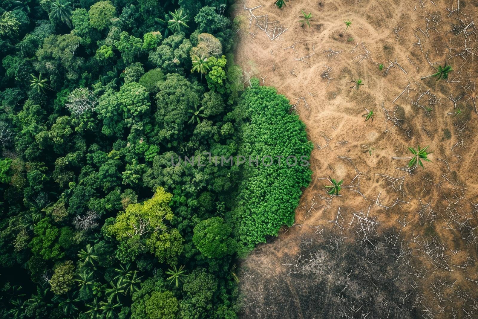 Aerial view capturing the alarming contrast between a lush green forest and a barren deforested area. The image underscores the urgent environmental issue